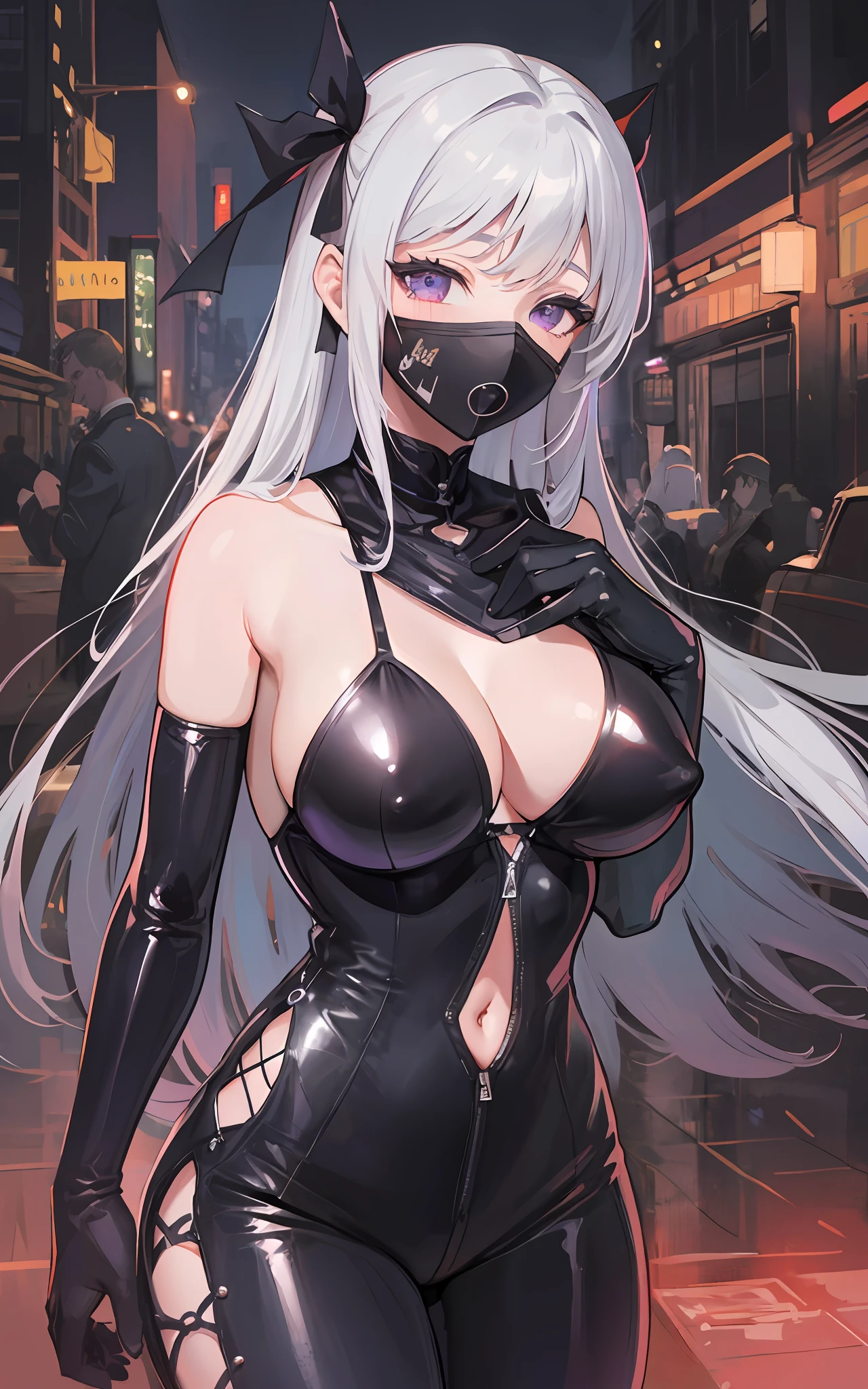 (Masterpiece: 1.5), (Beautiful and aesthetic work: 1.5), (Superlative: 1.5), (Masterpiece: 1.5), (Masterpiece: 1.5), (Best quality: 1.5), Perfect eyes, Perfect face, Volumetric lighting, Beautiful Goddess, Mature woman, The highstyle street clothing style inspired by a female ninja is elegant and mysterious, with asymmetrical leather pieces in predominant shades of black. The look is sophisticated, combining tight leather pants, an asymmetrical leather jacket and high-heeled boots. Metallic details add a modern touch, while a face mask or bandana creates an air of mystery. The dark gray color can be incorporated to add depth, and mirror-framed sunglasses complement the look. It is an urban and athletic style, which conveys empowerment and confidence. (Transparent: 1.5 Micro:), Huge breasts, Seduction on the street, Seduction in bed, Super close shot, Big breasts, very, very large, Pelvis very, very large and large, (inner flesh: 0.5), (nipple cover: 0.5), (nipple protrusion: 0.5), White hair ribbon knot, purple eyes, open mouth, shiny
