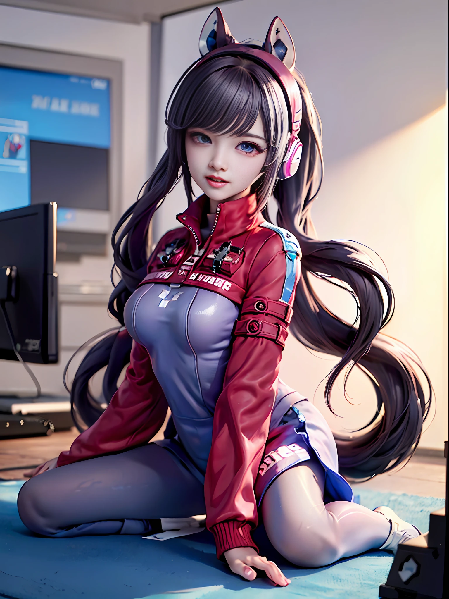 (Best Quality: 1.0), (Ultra High Resolution: 1.0), Anime Girl, Short Black Hair, Blue Eyes, Esports Room, Play Games.