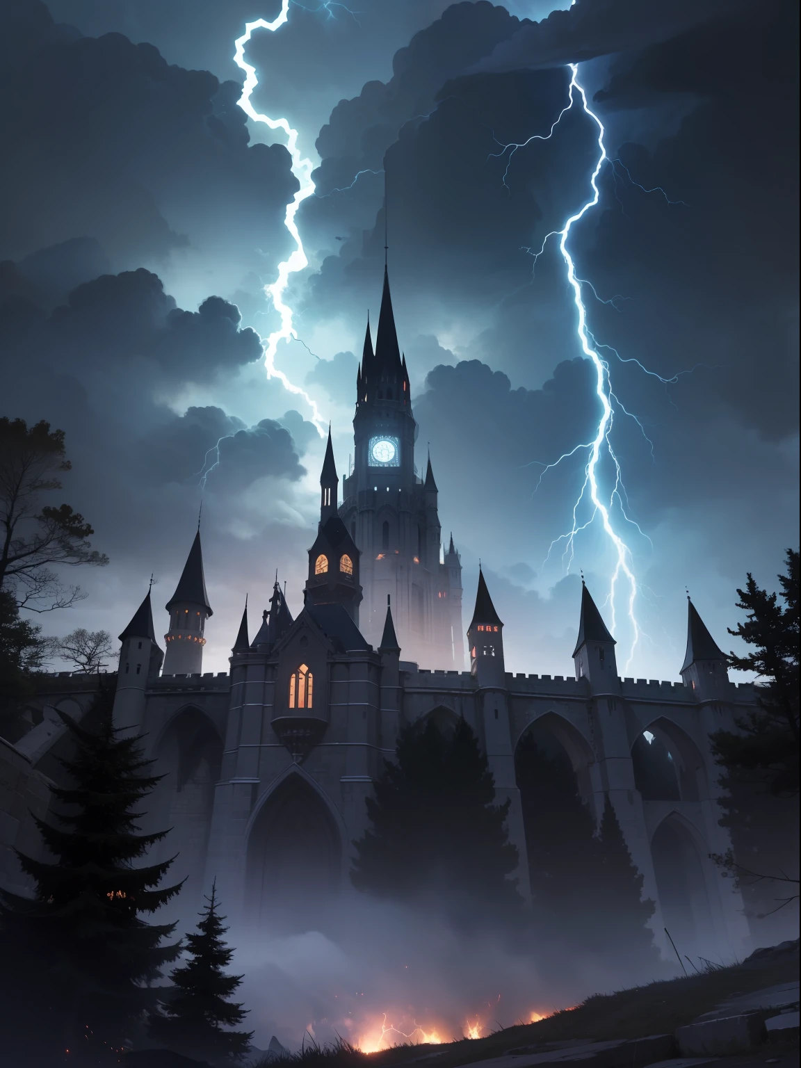 Imagine a huge castle towering over the top of a high mountain. The shape of the castle is characterized by sharp corners and spires, creating an eerie atmosphere.
The walls made of black stone are carved with magic circles and spells, the power of which protects the castle.
The sky is dark, and it depicts an approaching storm with frequent lightning bolts.