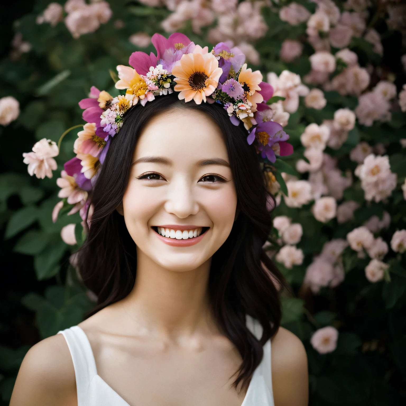 Beautiful woman with flowers and a crown of flowers in her hair, (smiling as much as possible:1.5), hair flyer, (black hair: 1.5), (black eyes: 1.5), (Japan people: 1.0), flower storm portrait, flower woman, hair flower, hair flower, flower girl, flower goddess, beautiful portrait photo, girl with flower head, perky woman made of petals, portrait of a woman with flowers, Girl at the front of the flower garden
