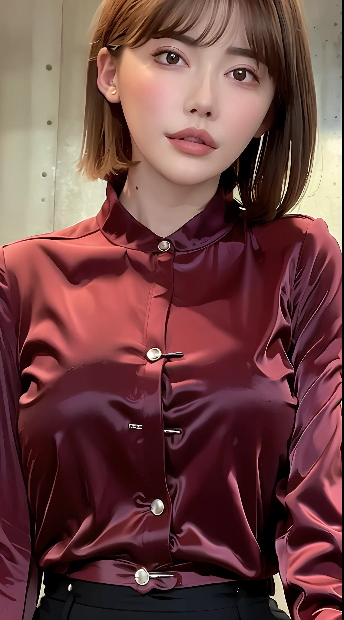 The highest quality, the highest image quality, the ultra-detailed, the material of the satent wrench coat, satin blouse, coat and blouse has a strong gloss, soft and smooth touch, seducing the viewer expression, face, full body shot,