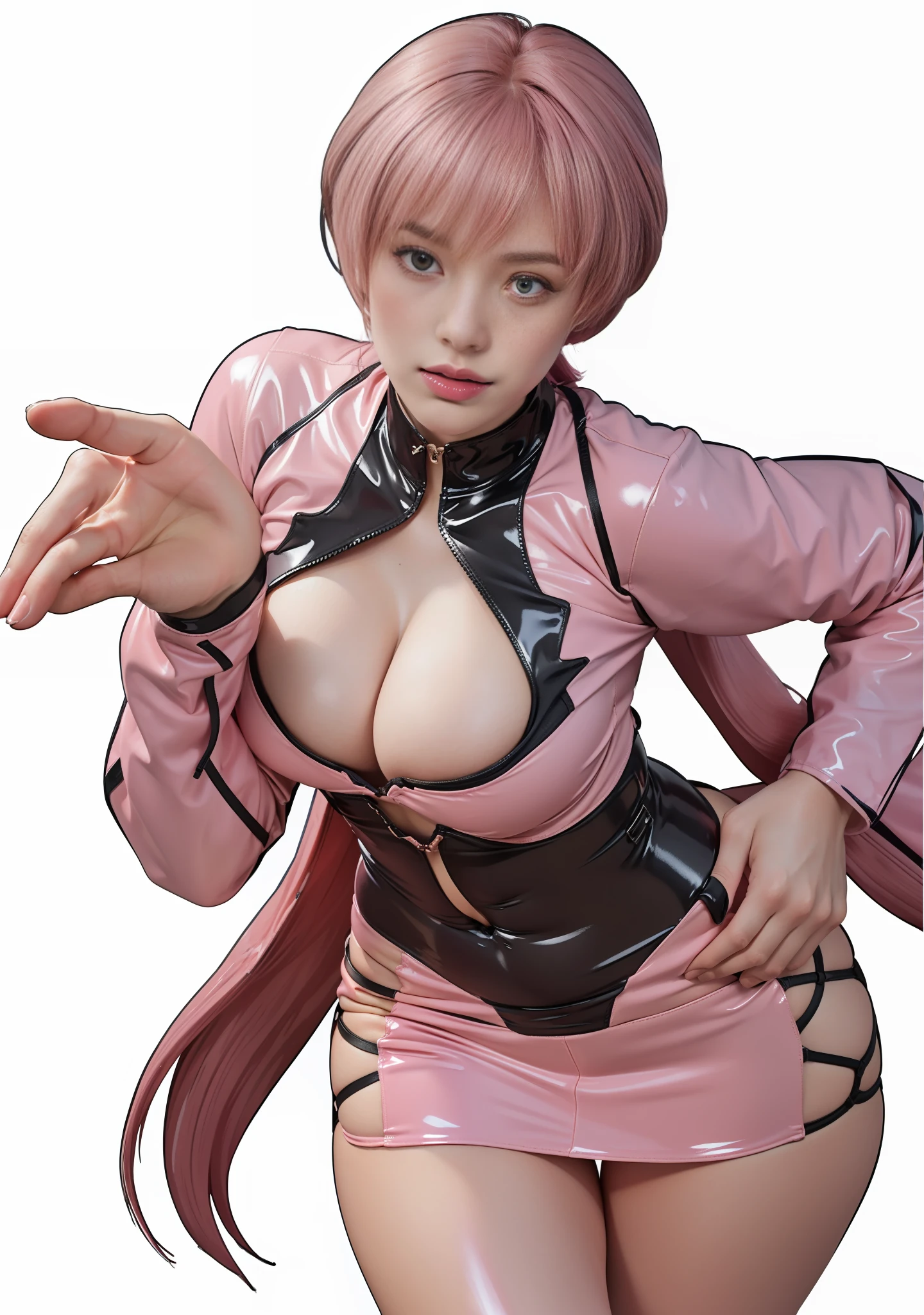 (masterpiece, best quality, high resolution, unity 8k wallpaper, CG: 1 extremely detailed), (illustration: 1.0), 1girl, solo, foxyms, Shermie, king of wrestlers, latex dress, light skin, pauldrons, navel, pink latex dress (((((short and super tight neckline))), latex dress (((super tight))), color shed((pink)), dress((pink latex)),((squeezed breasts))),clothes squeezing breasts, position hugging breasts,  pink hair, hair completely covering the eyes,((( showing panties))), tight latex to define the breast, tight dress ((((no bra to define the entire curvature and nipple of the breasts))),(((perfect breasts))),full body,((perfect and realistic hands))