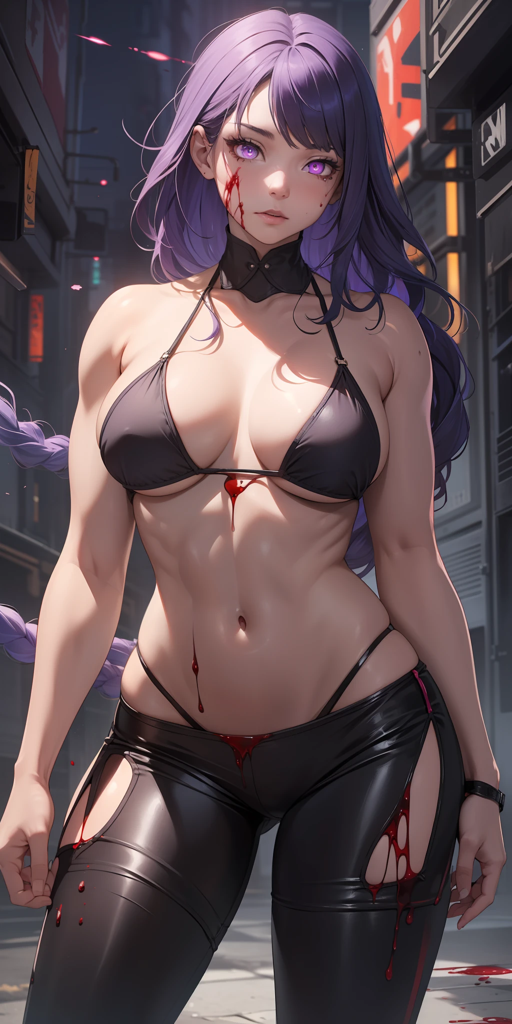 ((Best quality)), ((masterpiece)), (realistic), 1girl, solo, (muscular) ,sexy lavender micro bikini top and black pants, highly detailed purple glowing eyes, long braided hair, smooth skin, cleavage, ((extremely slutty)), blood splatter, ((blood dripping from the body)), blood trails.