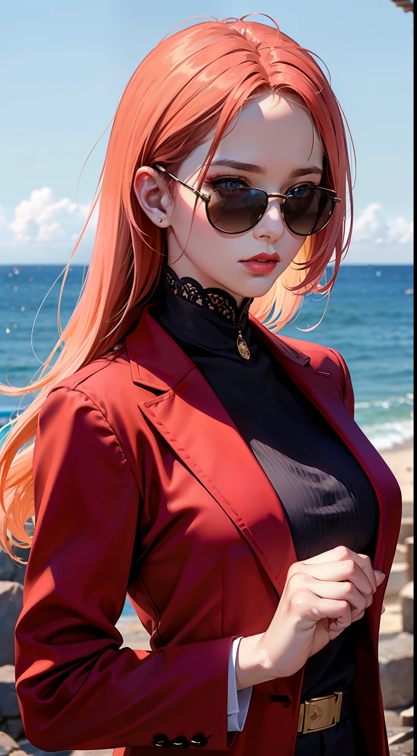 ultra realistic 8k cg, ((ultra detailed background, delicate pattern, intricate detail, highly detailed, fine details)), best quality, (photorealistic:1.4),beautiful lighting, absurdres, RAW photo, film grain, Hina, 1girl, solo, long hair, pink hair, black gloves, lipstick, makeup, ((slim girl, medium breasts)), epaulettes, ( sunglasses on head, dark-red suit, formal suit), pants, coat, (complex detailed background, blue sky, nature environment), ((complex detailed background, barren land, rocks, ocean, nature environment)), ((close-up, portrait)),