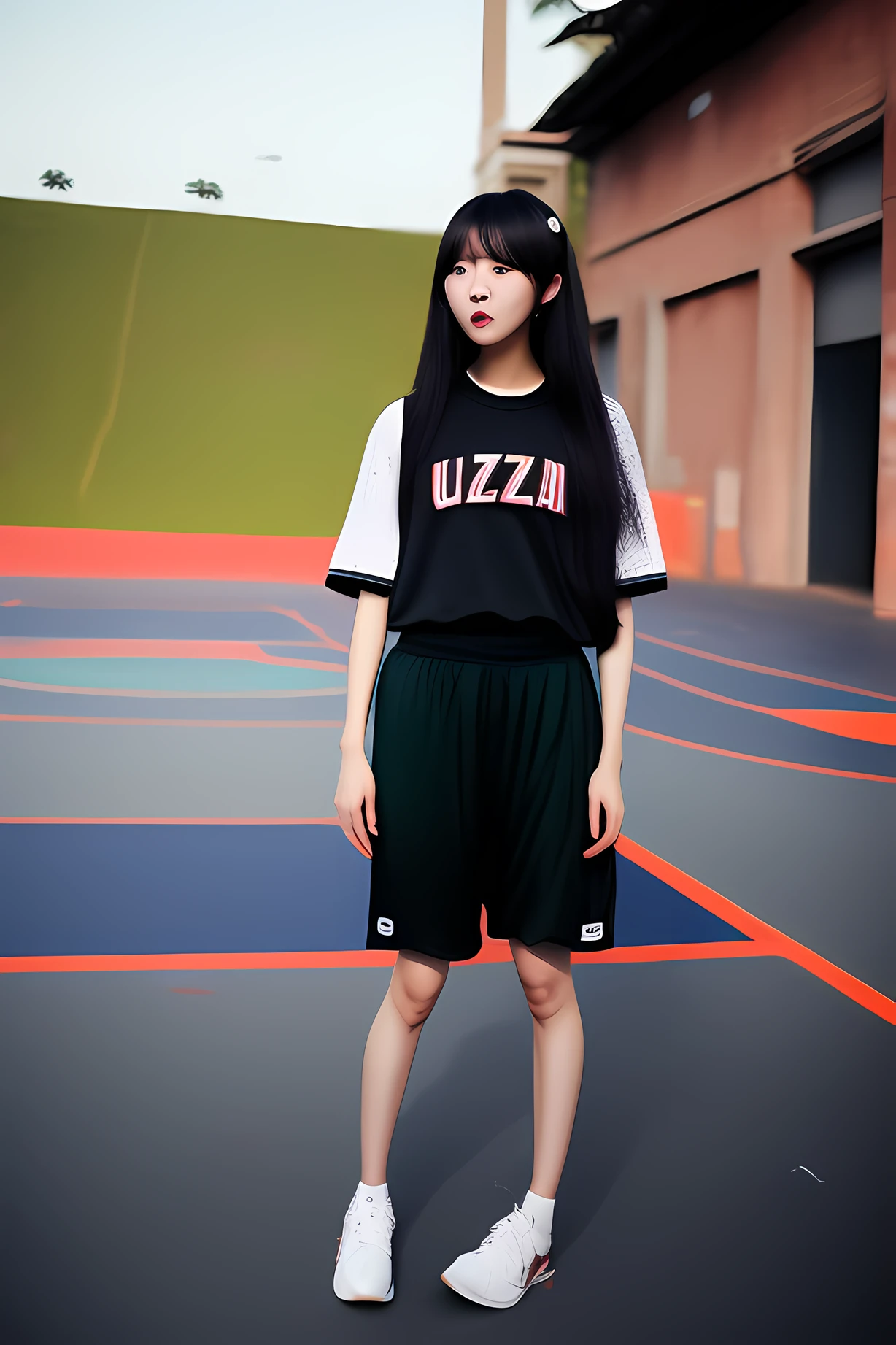 (8k, Best Quality, Masterpiece: 1.2), (Realistic, Realistic: 1.37), Ultra Detailed, Best Quality, Ultra High Resolution, Professional Lighting, Photon Mapping, Radiosity, Physically Based Rendering, Cinematic Lighting, Basketball court, depth of field, clear focus, sunlight, good composition, (bokeh: 1.2) 1girl, solo, (full body), (closed mouth), beautiful and detailed eyes, pose, narrow waist, basketball uniform, black hair , messy hair, long hair blowing in the wind, (ulzzang-6500:1.2) mix4, hiqcgbody