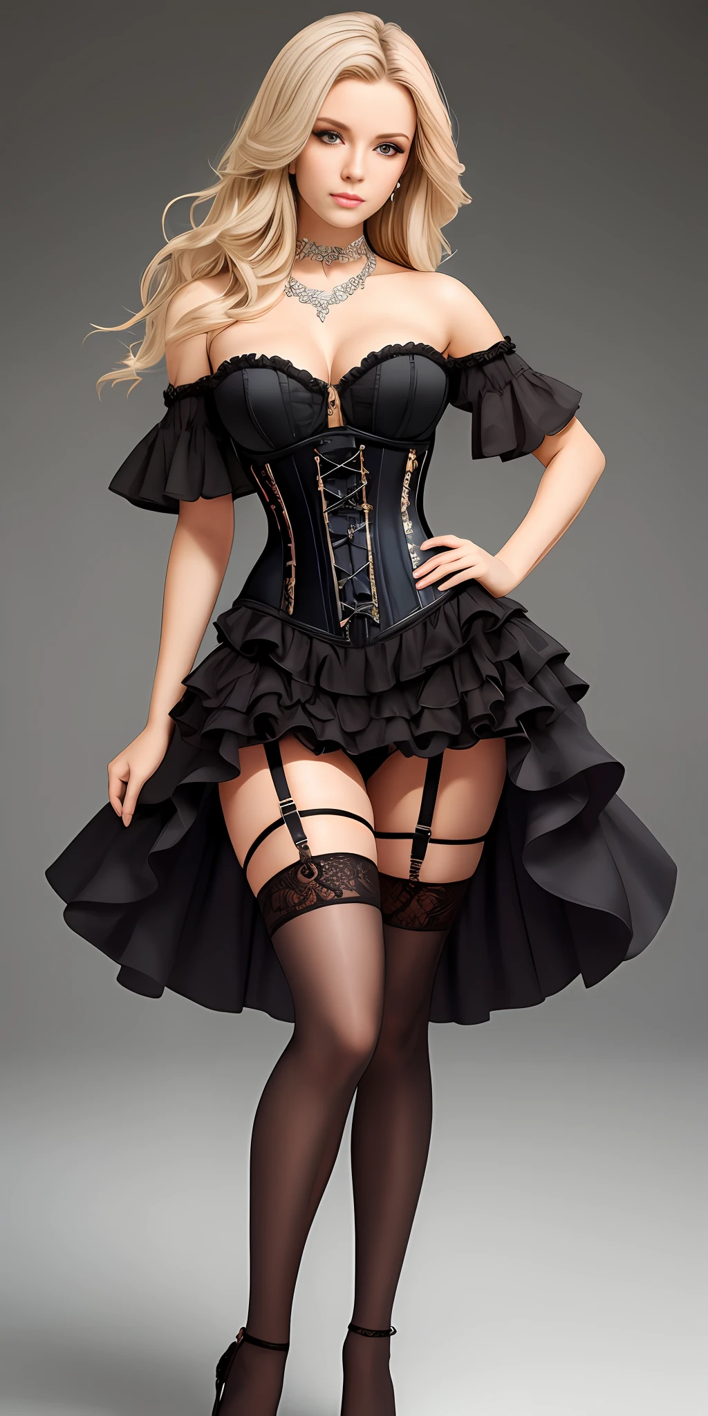 [black:aqua:0.65] theme, masterpiece, a girl's masterpiece, detailed visual art, blue eyes, light blonde hair, long hair, collarbone, royal princess, elegant, gorgeous quinceanera corset, corset piercing, detailed layered skirt, [detailed frills: 0.1], [frilled dress: 0.1], embroidery, [details princess dress: 0.1], off-the-shoulder, big breasts: 1.3, open crotch, thigh seam, garter belt, groin, [NSFW|uncensored], (simple background: 1.1), low-winged, full-body --auto
