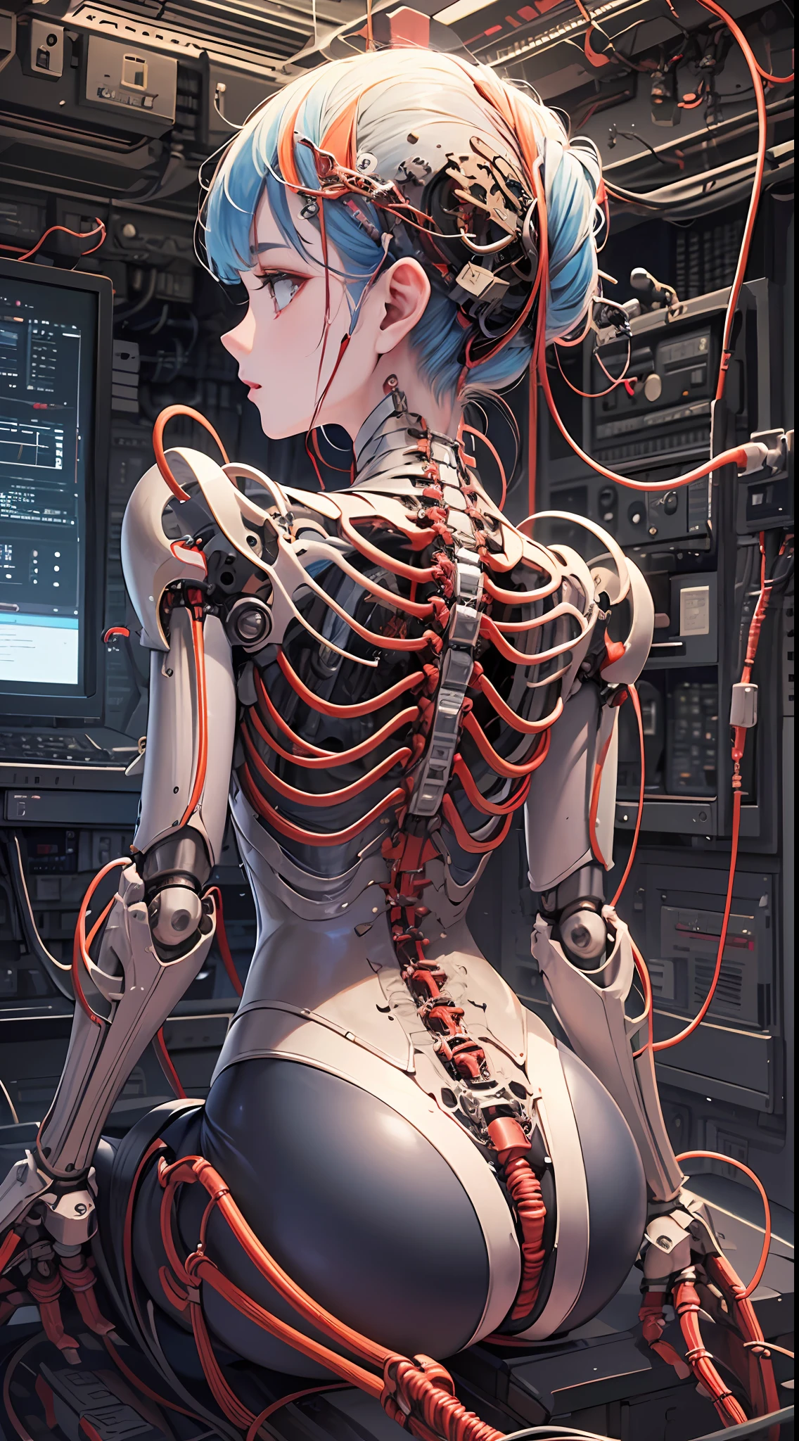 (((masterpiece))), (((best quality))), ((ultra-detailed)), (highly detailed CG illustration), ((an extremely delicate and beautiful)),(from side),cinematic light,((1mechanical girl)),solo,full body,(machine made joints:1.2),((machanical limbs)),(blood vessels connected to tubes),(mechanical vertebra attaching to back),((mechanical cervial attaching to neck)),(sitting),expressionless,(wires and cables attaching to neck:1.2),(wires and cables on head:1.2)(character focus),science fiction,extreme detailed,colorful,highest detailed