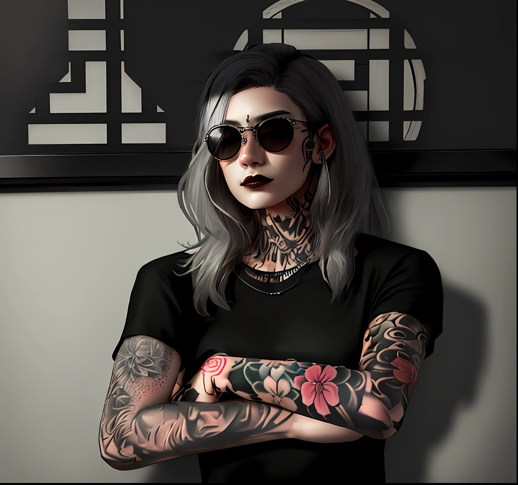 there is a woman with tattoos and a black shirt posing for a photo, mall goth, inspired by Sim Sa-jeong, tattooed punk woman, realistic shadow, wearing a round and black glasses, upper body, gray hair, wearing sunglasses, flower tattoo, detailed and realistic photo, 4k