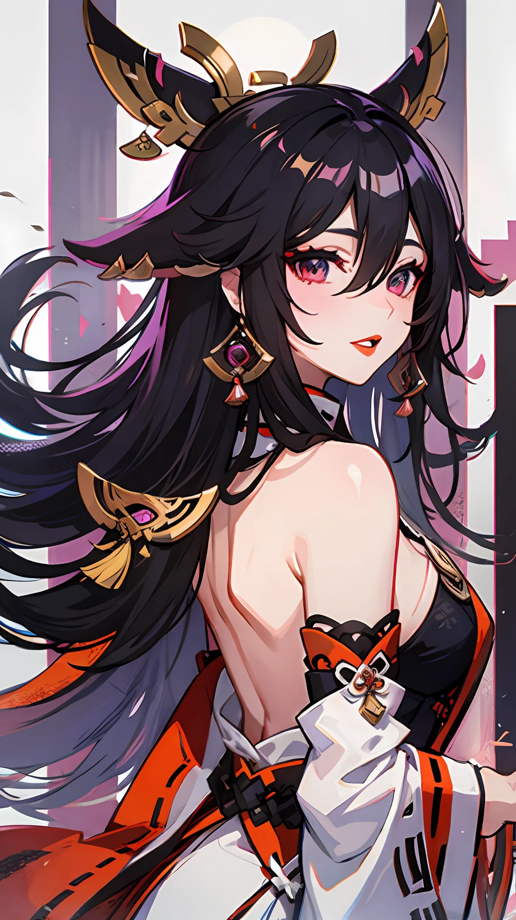 Yae Miko, black hair between eyes, black hair, red lips