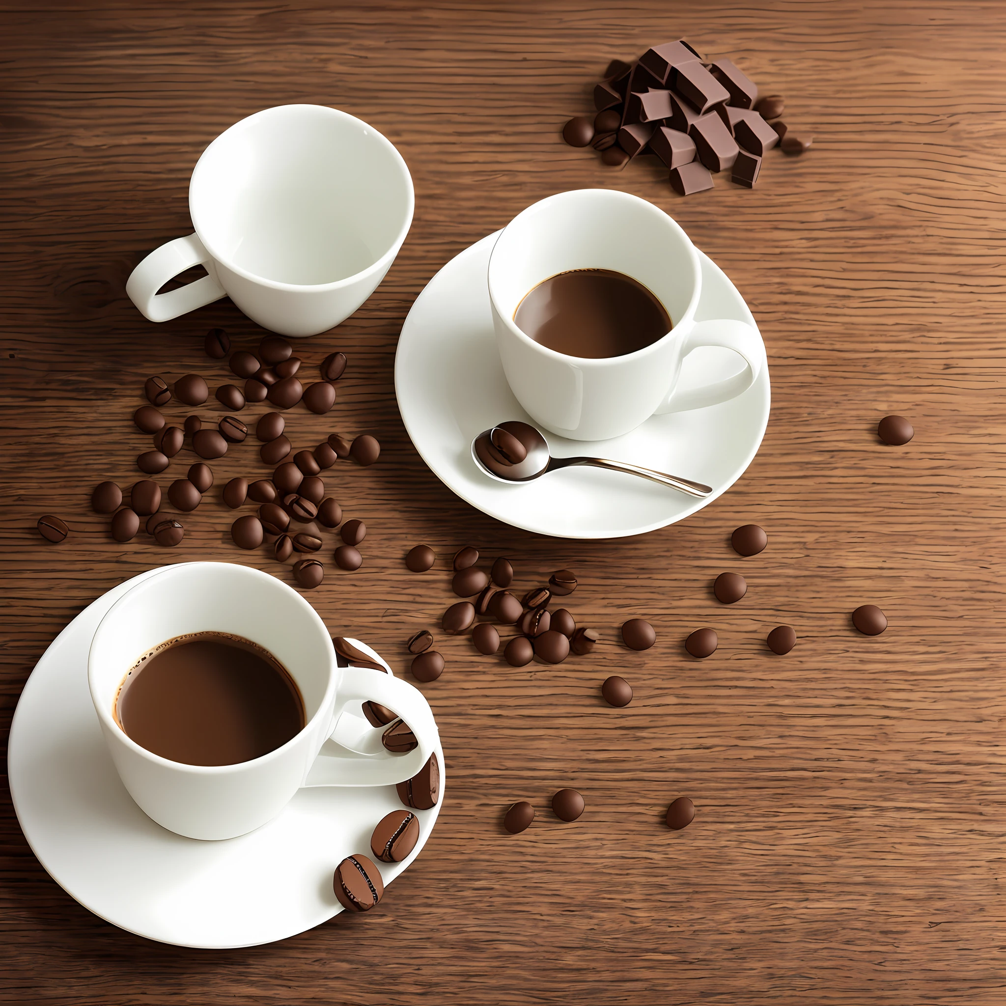 There is a white cup sitting on a wooden table, porcelain, porcelain, coffee cup, white tone, classic cup, classic mugs, porcelain cup, chocolate inside --auto