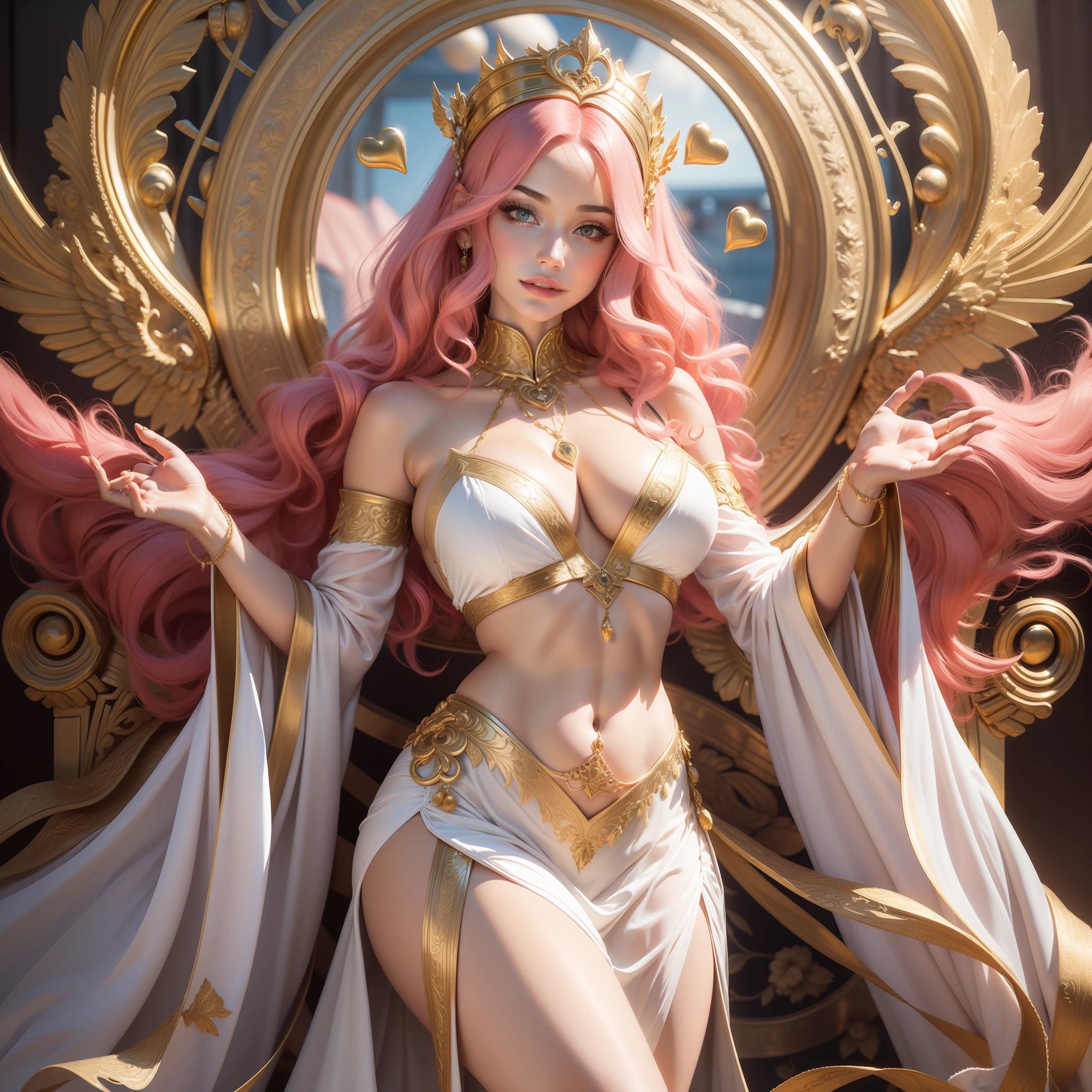 Goddess Aphrodite, pink hair, curly hair, chiton outfit, long white clothing, gold details, glorious pose, colorful hearts