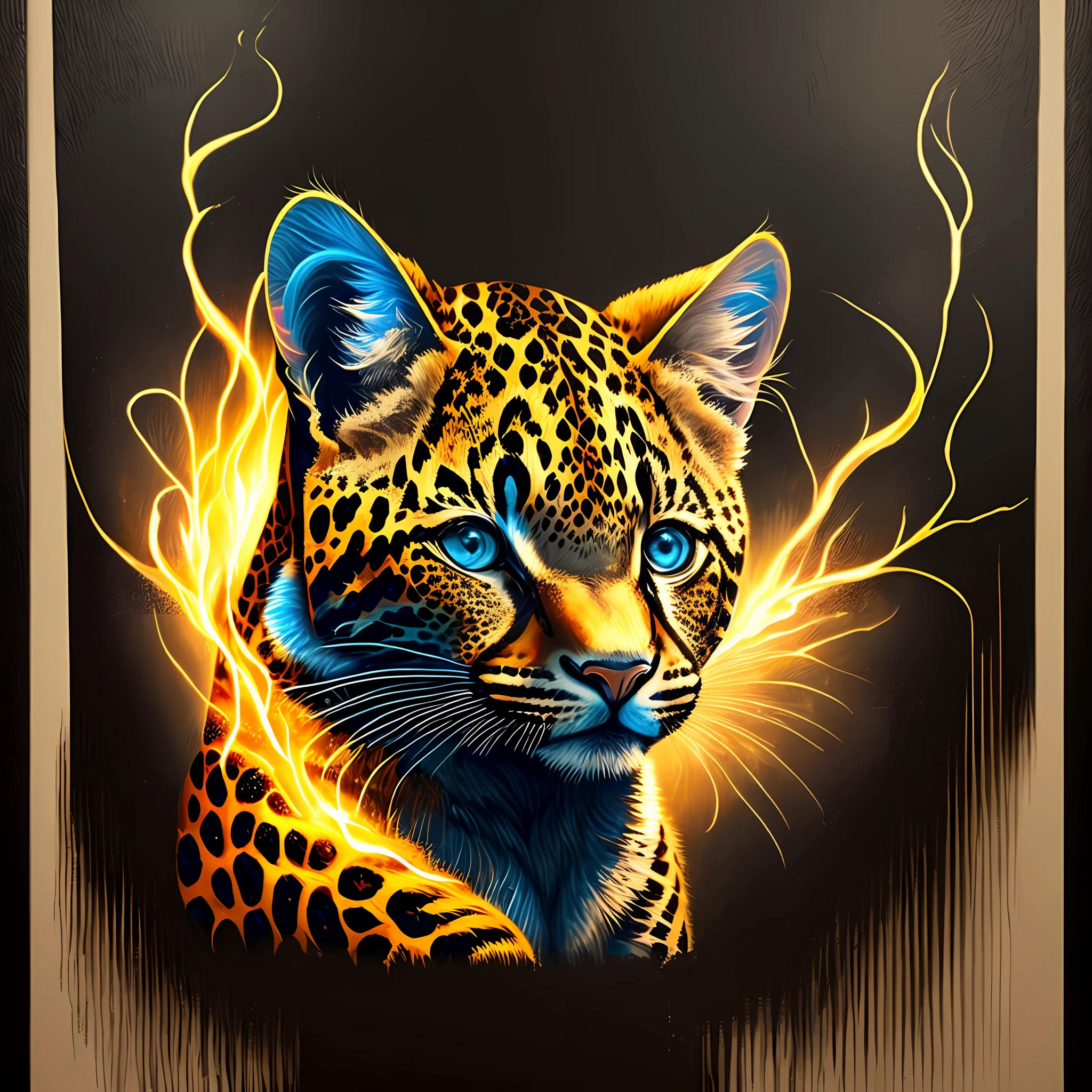 Create a painting of a colorful leopard on a black background,, breathtaking rendering, within a radiant connection, inspired by Kinuko Y. Craft,, magical elements, kitten icon, wow, is beautiful, casting a multi colorful spell, bright flash, flash --auto