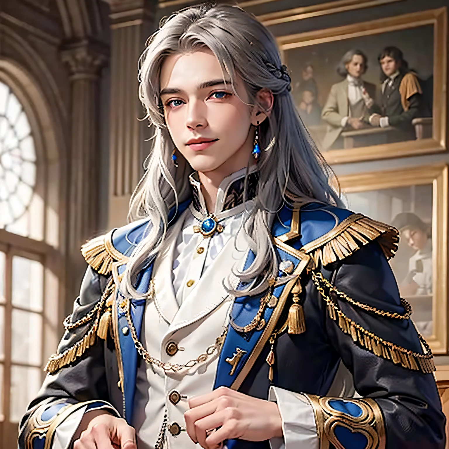 Young male face, blue eyes, smile, gray hair, (bunking long hair), aristocratic costume