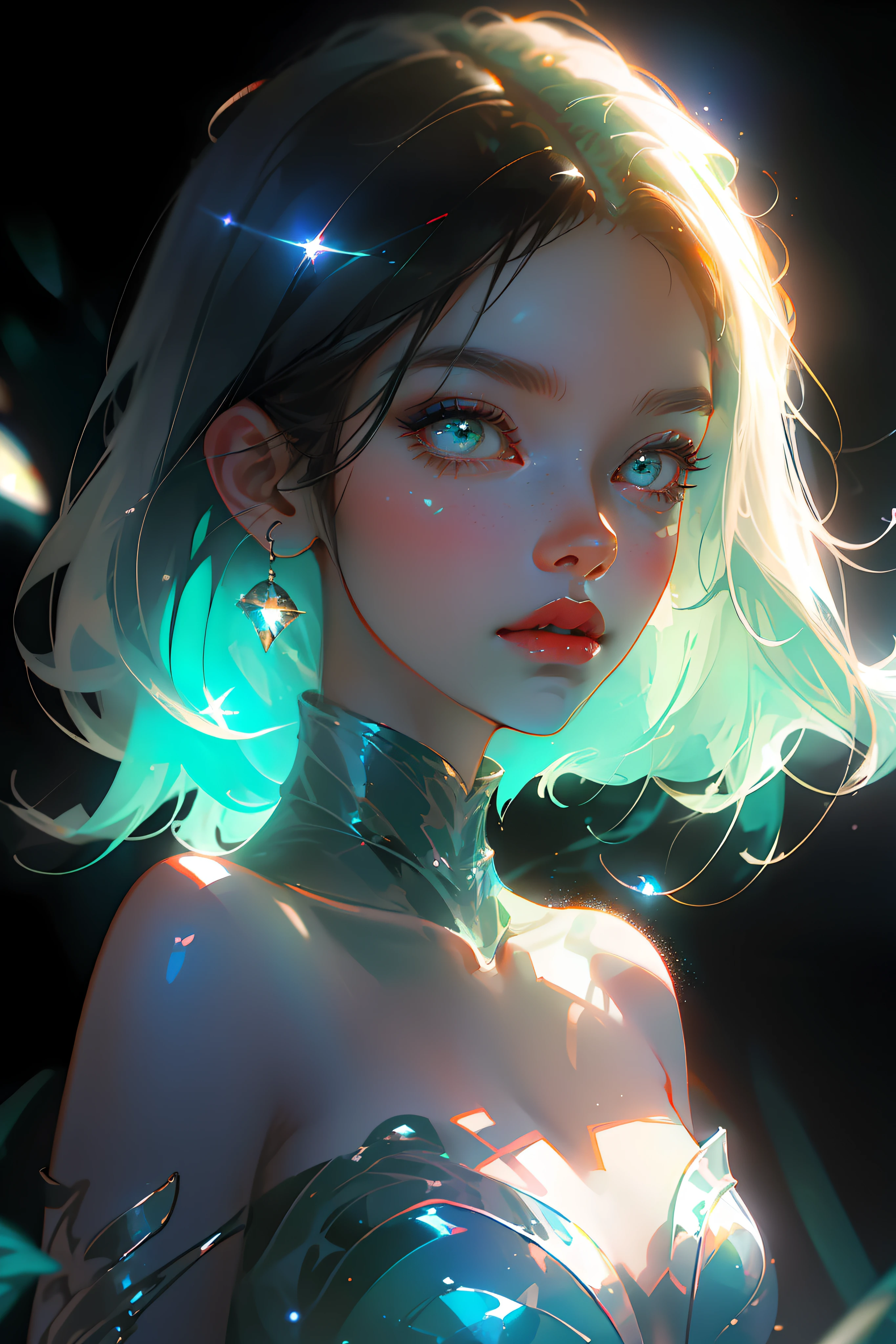 Masterpiece, best quality, ultra high resolution, young woman in the sun, beautiful face, charming eyes, high shine, blue-green tones, (bare shoulders: 1.2), shiny hair, shiny skin, unique cut, blue forest, mysterious darkness, a little nudity, black starlight clothing, transparent texture, dreamy particles.