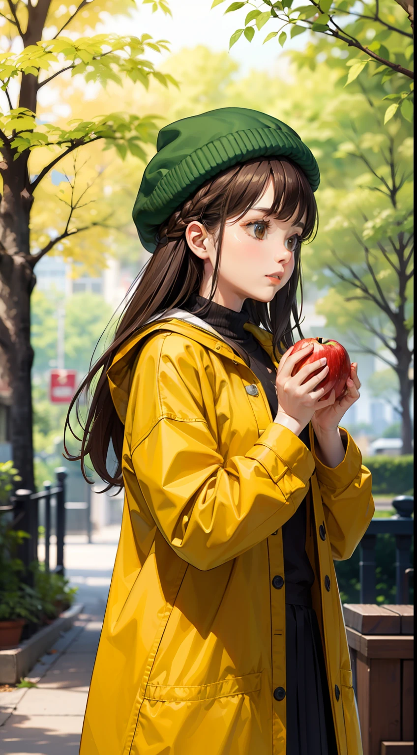 1girl, food, solo, fruit, holding food, holding, long hair, brown hair, holding fruit, outdoors, long sleeves, yellow headwear, branch, tree, hat, blurry, apple, closed mouth, brown eyes, day, bangs, looking up, hands up, jacket, leaf, standing, cowboy shot, plant, depth of field, blurry background, coat, braid, basket, green headwear, yellow jacket, looking away, sweater, dappled sunlight