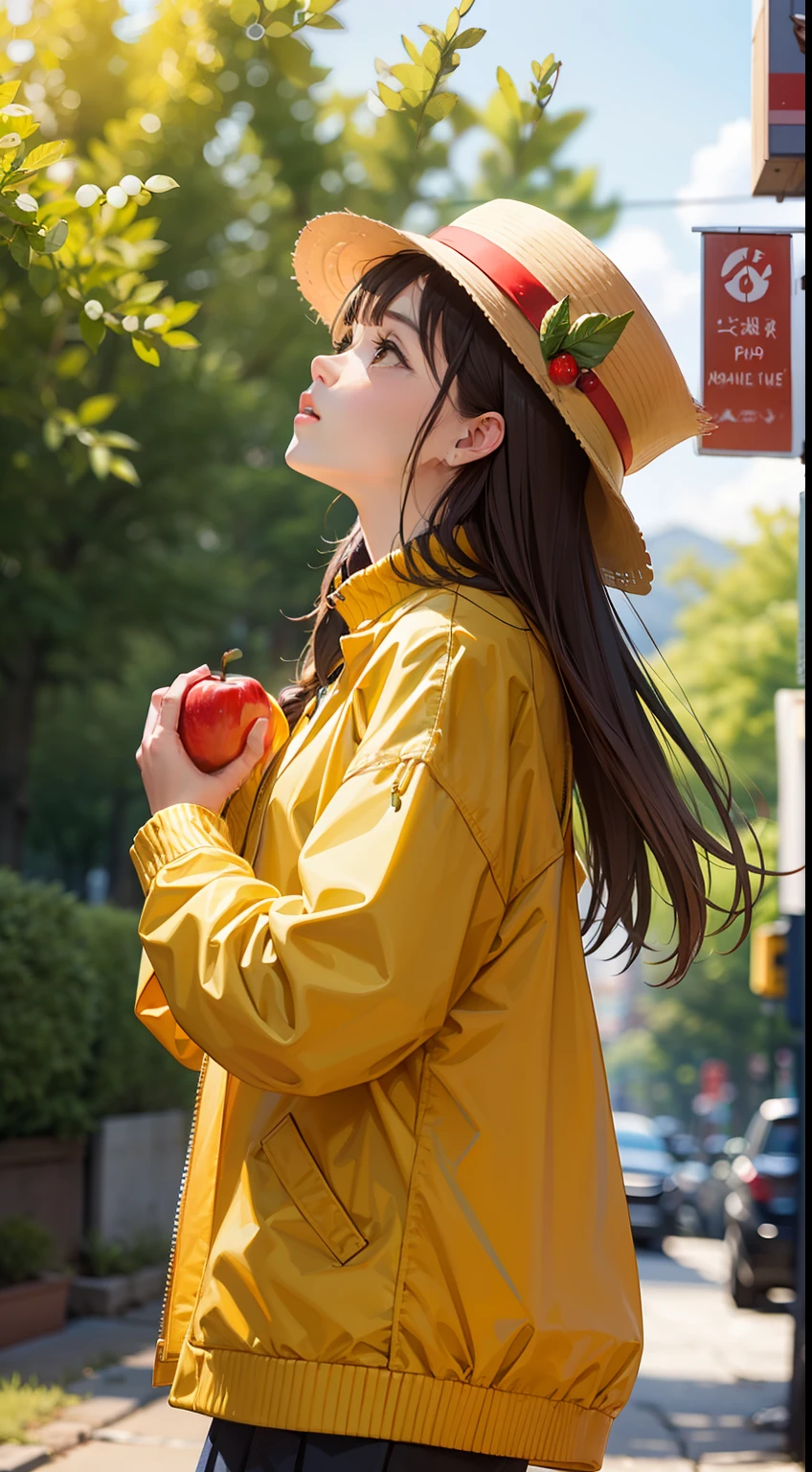 1girl, food, solo, fruit, holding food, holding, long hair, brown hair, holding fruit, outdoors, long sleeves, yellow headwear, branch, tree, hat, blurry, apple, closed mouth, brown eyes, day, bangs, looking up, hands up, jacket, leaf, standing, cowboy shot, plant, depth of field, blurry background, coat, braid, basket, green headwear, yellow jacket, looking away, sweater, dappled sunlight