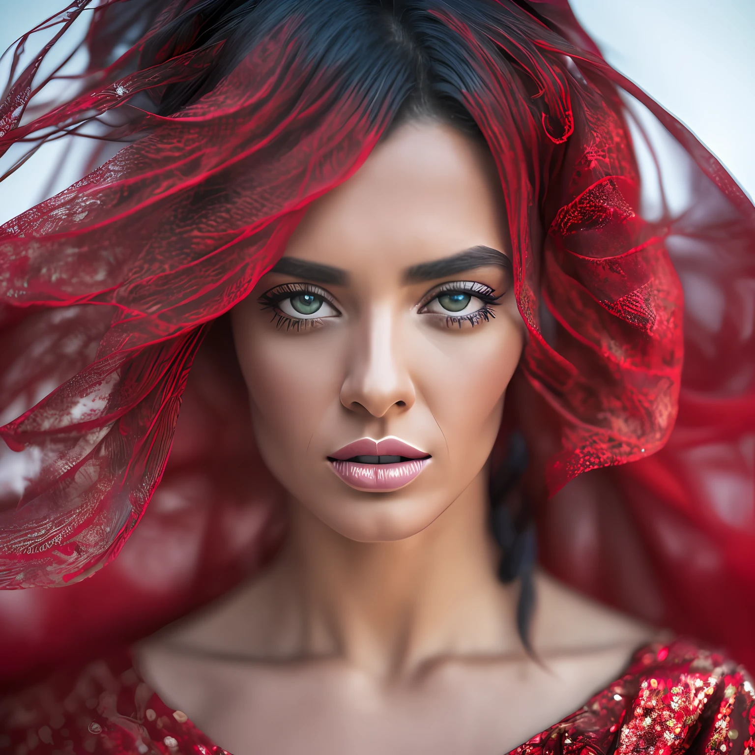a RAW photography, shot on Hasselblad X1D-50c, ISO 100, surreal fashion photography, portrait of a 35-year-old woman chest-deep, detailed face, avant-garde fashion in red translucent flowing fabrics, telephoto lens, studio lighting, 4k, canon eos r3