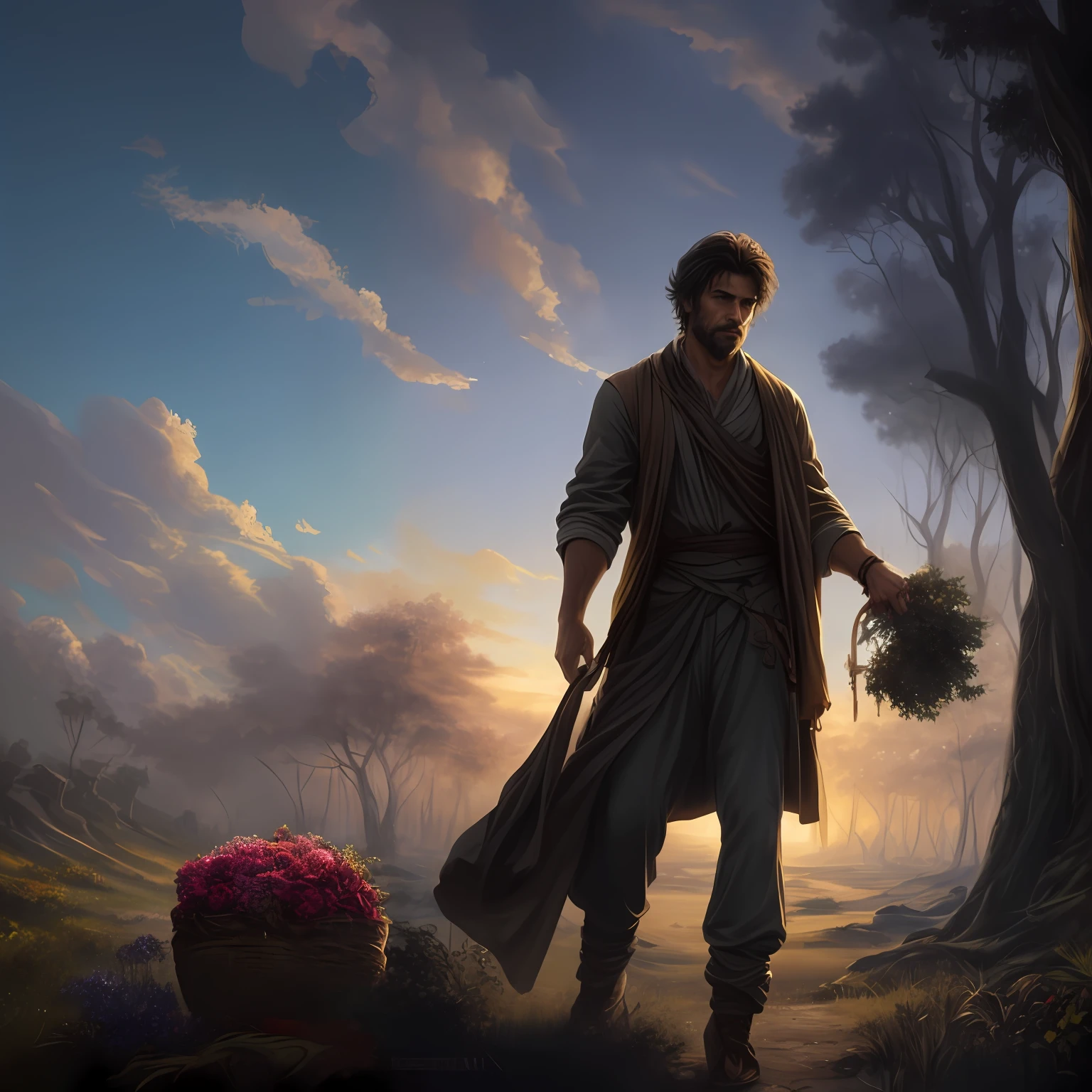 a painting of a man holding a basket of flowers in his hand, portrait of bedouin d&d, painted by andreas rocha, graphic artist magali villeneuve, by Magali Villeneuve, portrait of a forest mage, a druid, fantasy genre portrait, silvain sarrailh, magali villeneuve', andreas rocha style, by Christophe Vacher
