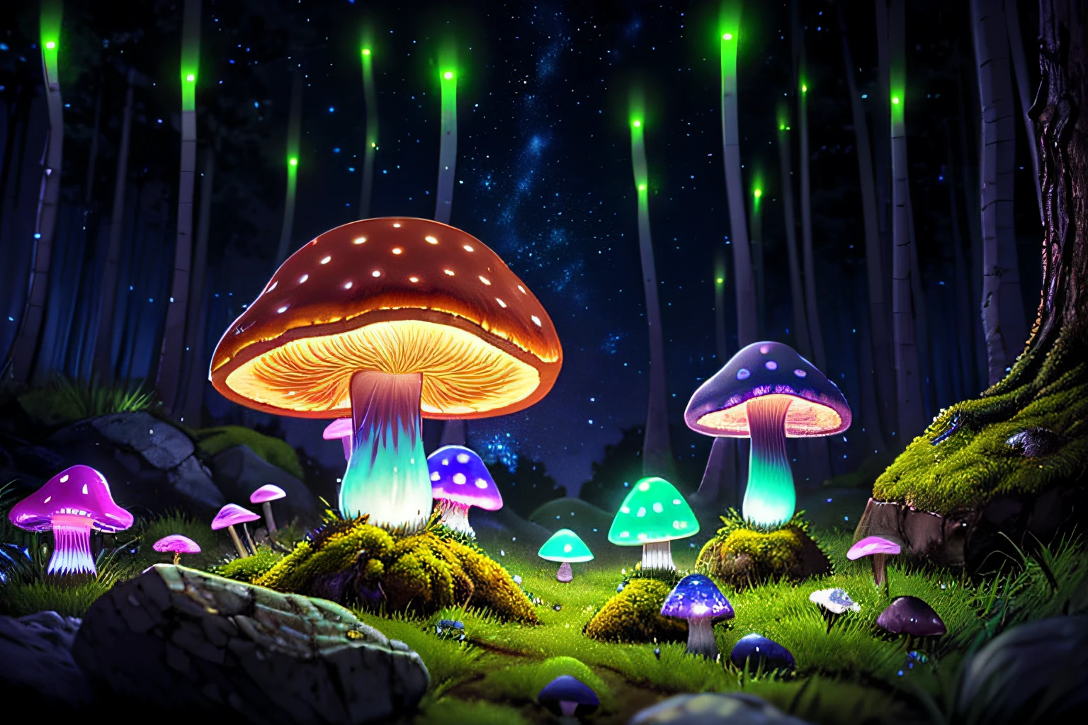 (highly detailed:1.2),(best quality:1.2),8k,sharp focus, (subsurface scattering:1.1)
(glowing magic bioluminescent mushrooms:1.2),psychadelic magic particles inthe air, (neon bioluminescent mushroom forest at night:1.2), (magical fireflies:1.2)
(very detailed trees and rocks and moss:1.2), (highly detailed background:1.3), RPG, Elden Ring style, (fantasy:1.3),(hyperrealistic:1.1), (((night))), cinematic lighting, highly detailed, artstation,smooth, sharp focus, artgerm, greg rutkowski, editor's pickup, trending on artstation, trending on deviantart, wlop, (contrast:0.4),