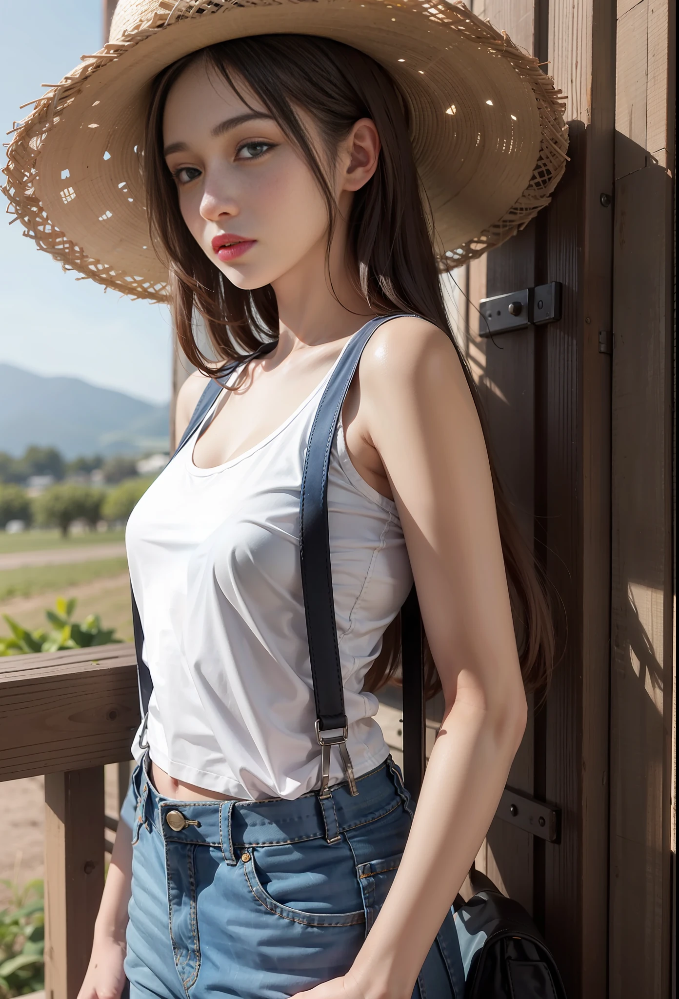 Tank top, suspenders, 15 year old girl, ranch, straw hat,
