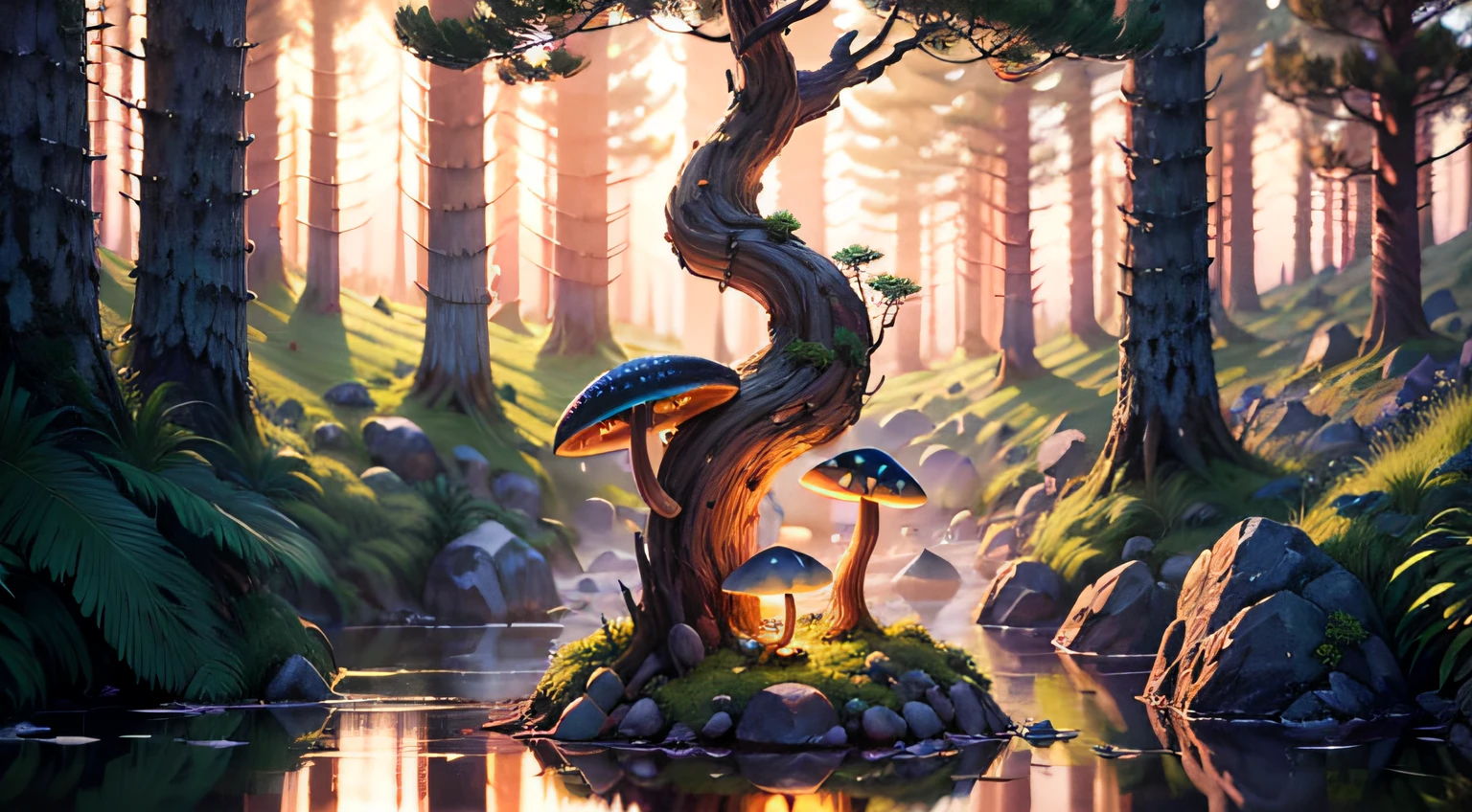 Spirit Tree, Twilight, Golden Light, Starry Sky, Forest with Water and Rocks and Bright Mushrooms,(High Density Display), (8K), (Gigapixels) --auto