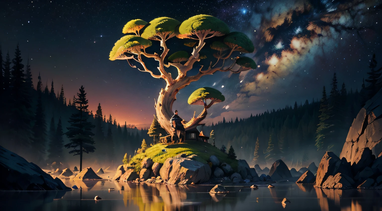 Spirit Tree, Twilight, Golden Light, Starry Sky, Forest with Water and Rocks and Bright Mushrooms,(High Density Display), (8K), (Gigapixels) --auto
