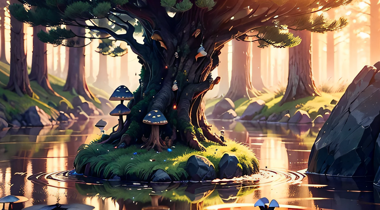 Spirit Tree, Twilight, Golden Light, Starry Sky, Forest with Water and Rocks and Bright Mushrooms,(High Density Display), (8K), (Gigapixels) --auto
