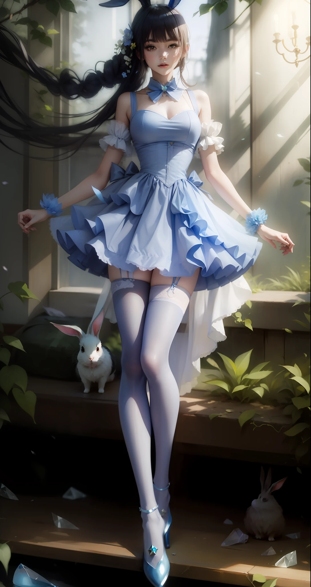 Blue stockings, blue double ponytail, girly, light and shadow, crystal shoes, rabbit