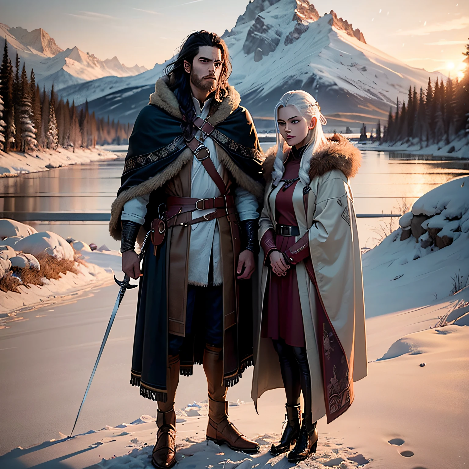 Medieval Fantasy, Character Couple. The man is young, tall, with long very dark hair and furry leather clothes suitable for winter, he is wearing a furry cloak, and resembles a Viking with tattoos. And in his right hand he carries a sword. The woman is of short stature, young, incredibly beautiful, delicate, white hair, with long straight, light blond hair, wearing winter archer's clothing. They are standing in a remote, snow-covered mountainous place in the light of the setting sun. Perfect detailed faces, hyper-detailed, painting. Mucha realistic, sunset light. Amazing hyperrealistic colorful cover photo. --auto