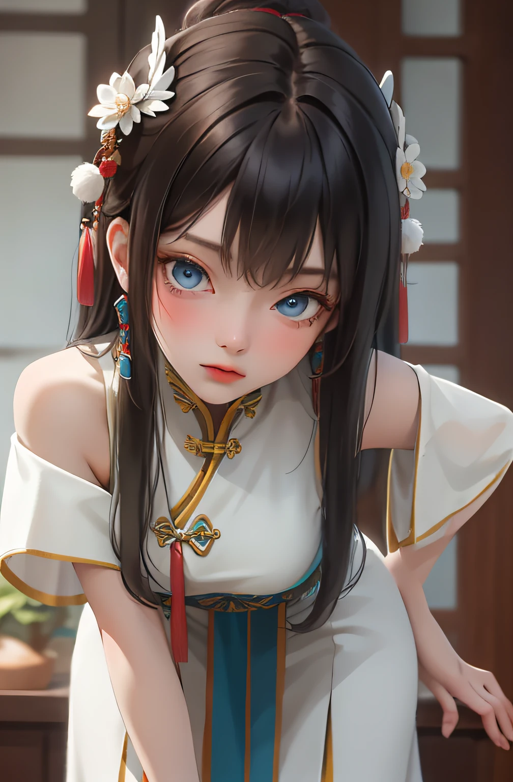 Best quality, masterpiece, brunette hair, blue eyes, head up, wearing traditional Chinese white costume, (headdress 4.1), bent over, looking straight into the camera