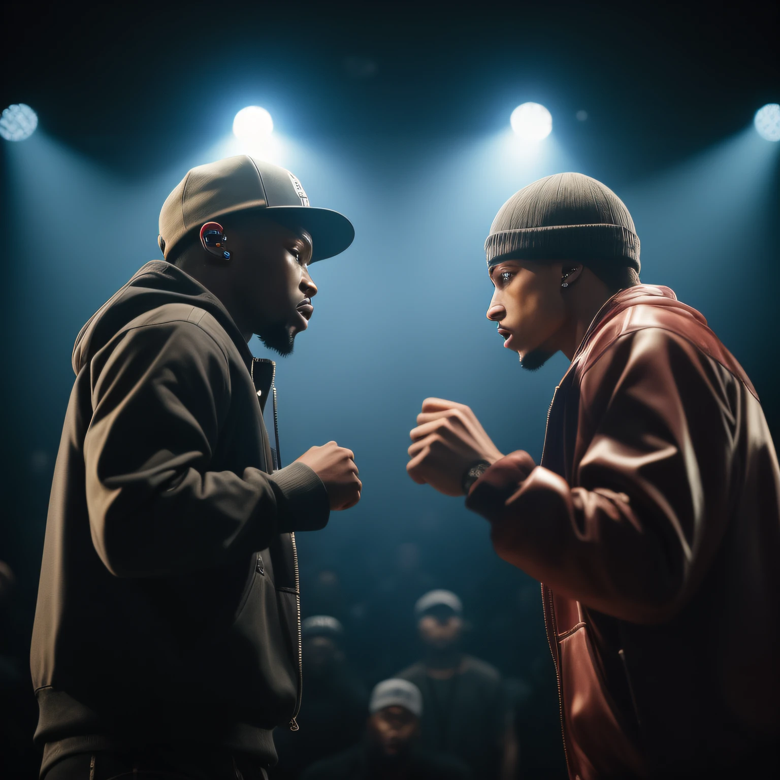 two men in hats are facing each other on stage, 2 rappers on stage at concert, battle rap, rap battle, fighting in a dark scene, close-up fight, intense battle, fight, fight battle, fight scene, intense fighting, fighting, fighting scene, still from the movie 8 mile, bossfight, facing off in a duel, cinematic battle, battle stance