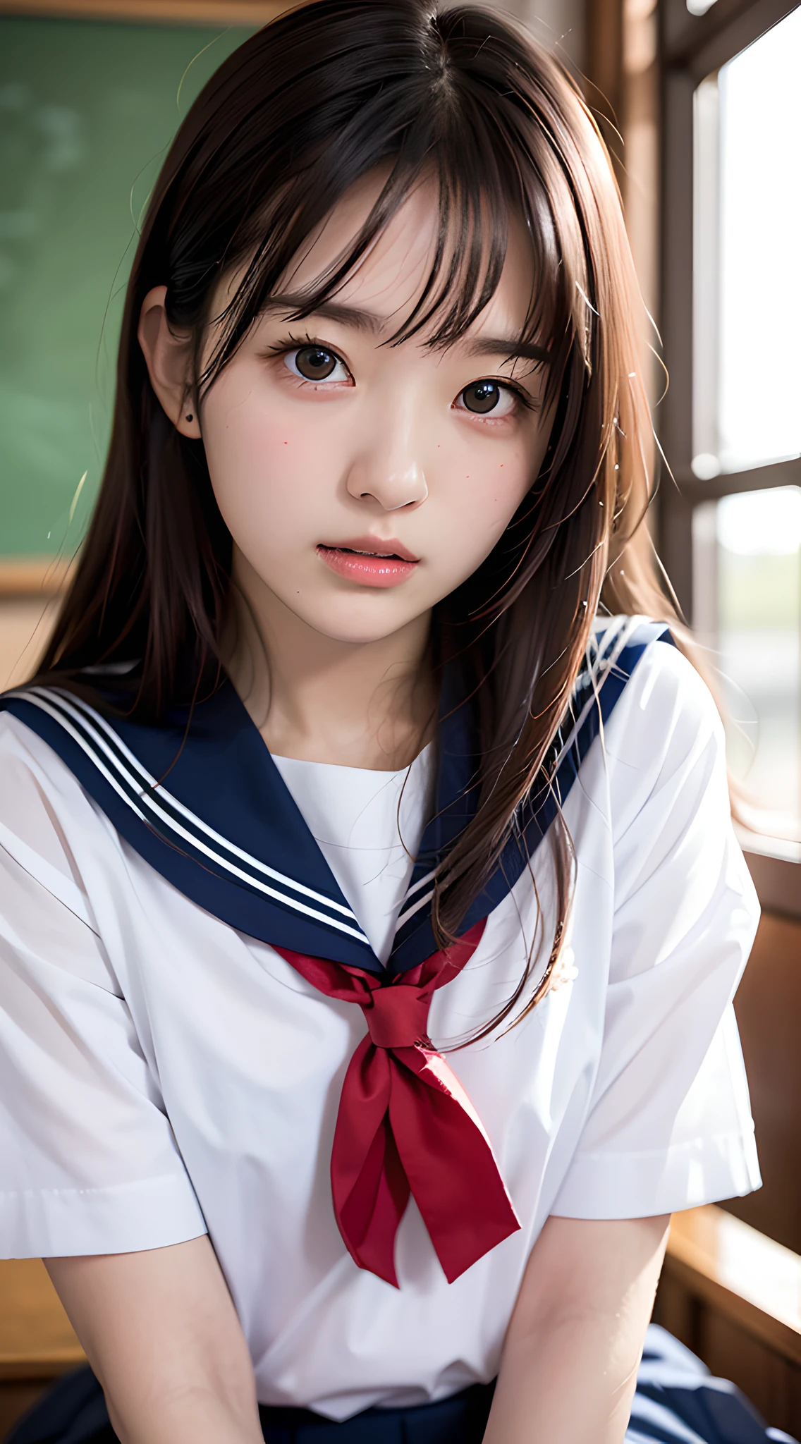 masterpiece, best quality, 8k, official art, raw photo, incredibly absurdres, beautiful girl, pretty face, (sitting, upper body, sailor uniform, serafuku,:1.2), school uniform, white shirt, looking at viewer, (dark redbow tie:1.2), close up, teen, classroom, ultra realistic, highres, photography, film grain, chromatic aberration, sharp focus, facelight, dynamic lighting, cinematic lighting, navy pleated skirt, highest detailed, extreme detailed, ultra detailed, finely detail, extremely detailed eyes and face
