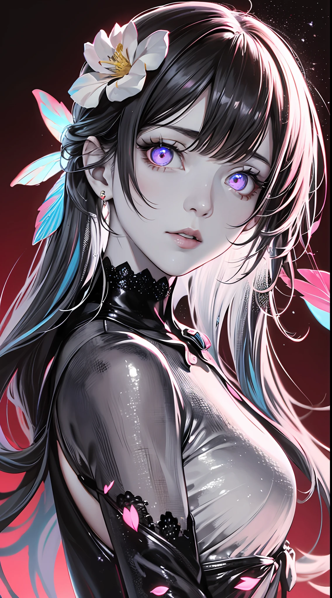 {{{{masterpiece}}}}, {{{hyper detailed}}}, {{{highres}}}, {{good anatomy}}, (((best quality))), ((an extremely delicate and beautiful)), {{an extremely detailed and delicate}}, {8k cg wallpaper}, {{illustration}}, (greyscale with colored background:1.2), (red background:1.15), ray tracing, bokeh, (light particles:1.3), (glow:1.1), (flowers:1.3), petals, flowers, (chromatic aberration:1.2), mature female, 1girl, solo, (looking at viewer:1.2), on side, (glowing eyes:1.2), hiten1,
