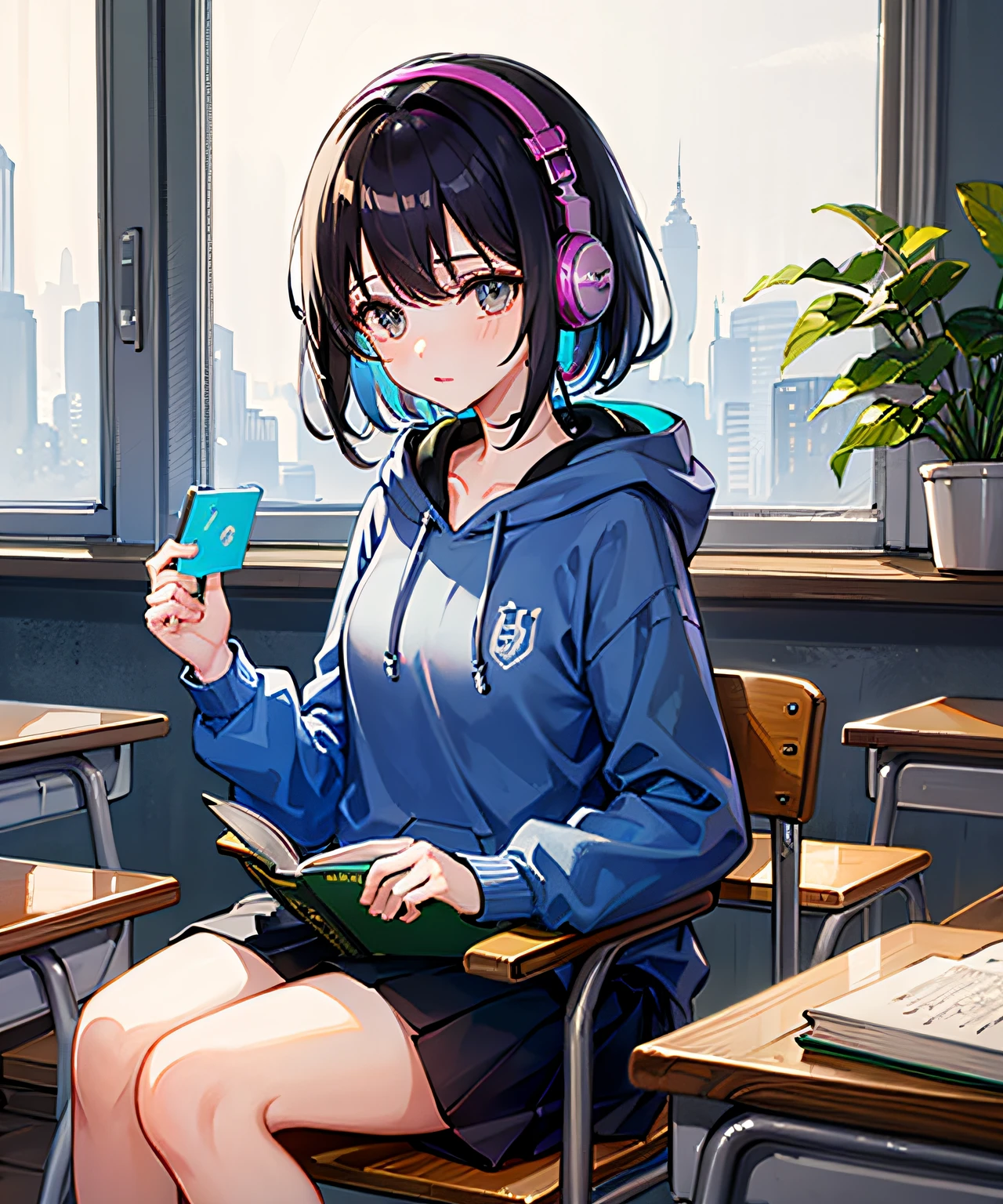 Masterpiece, 1girl, shut up, solo, incredibly ridiculous, rainbow hoodies, headphones, classrooms, desks, holding books, studying, thinking,