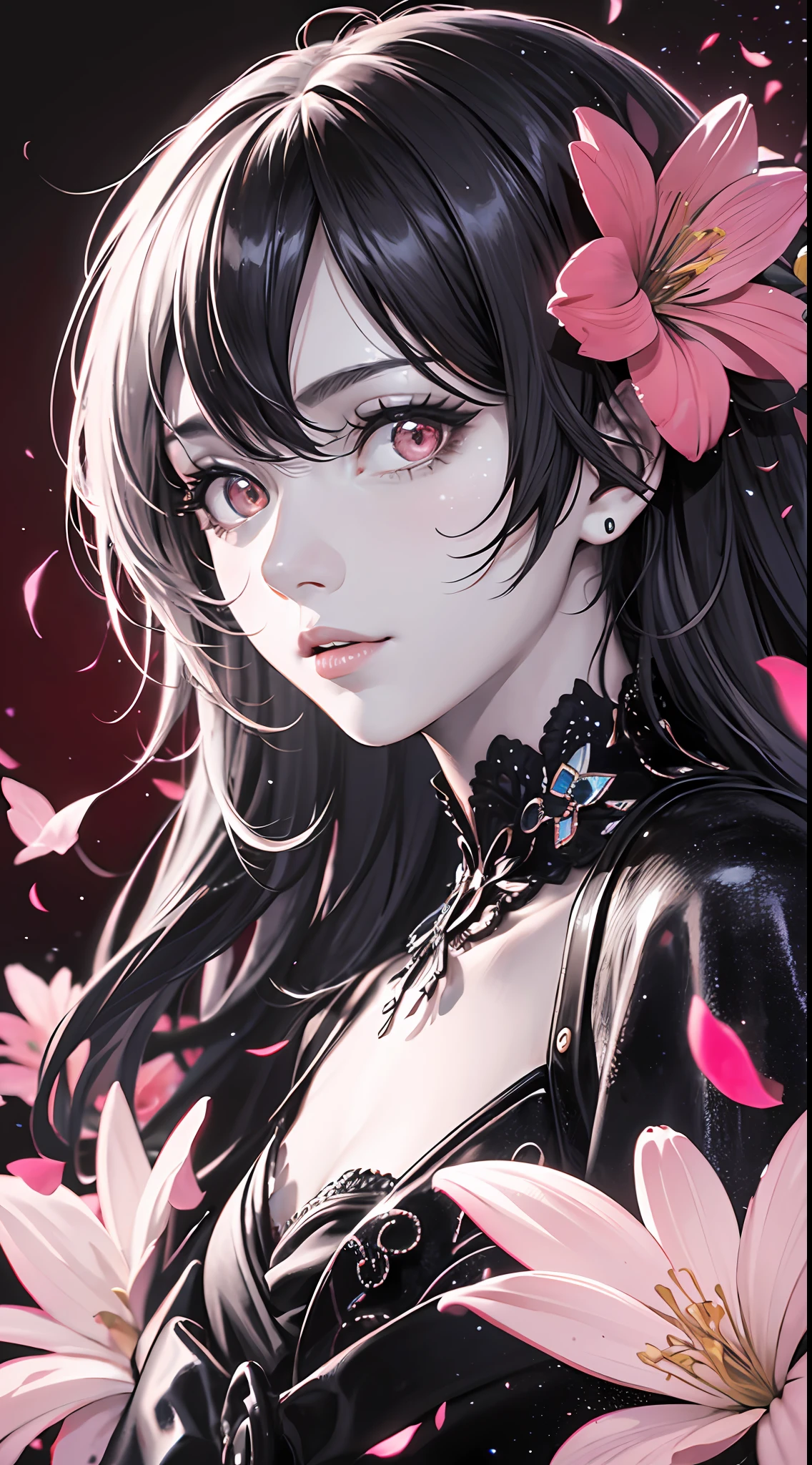 {{{{masterpiece}}}}, {{{hyper detailed}}}, {{{highres}}}, {{good anatomy}}, (((best quality))), ((an extremely delicate and beautiful)), {{an extremely detailed and delicate}}, {8k cg wallpaper}, {{illustration}}, (greyscale with colored background:1.2), (red background:1.15), ray tracing, bokeh, (light particles:1.3), (glow:1.1), (flowers:1.3), petals, flowers, (chromatic aberration:1.2), mature female, 1girl, solo, (looking at viewer:1.2), on side, (glowing eyes:1.2), hiten1,