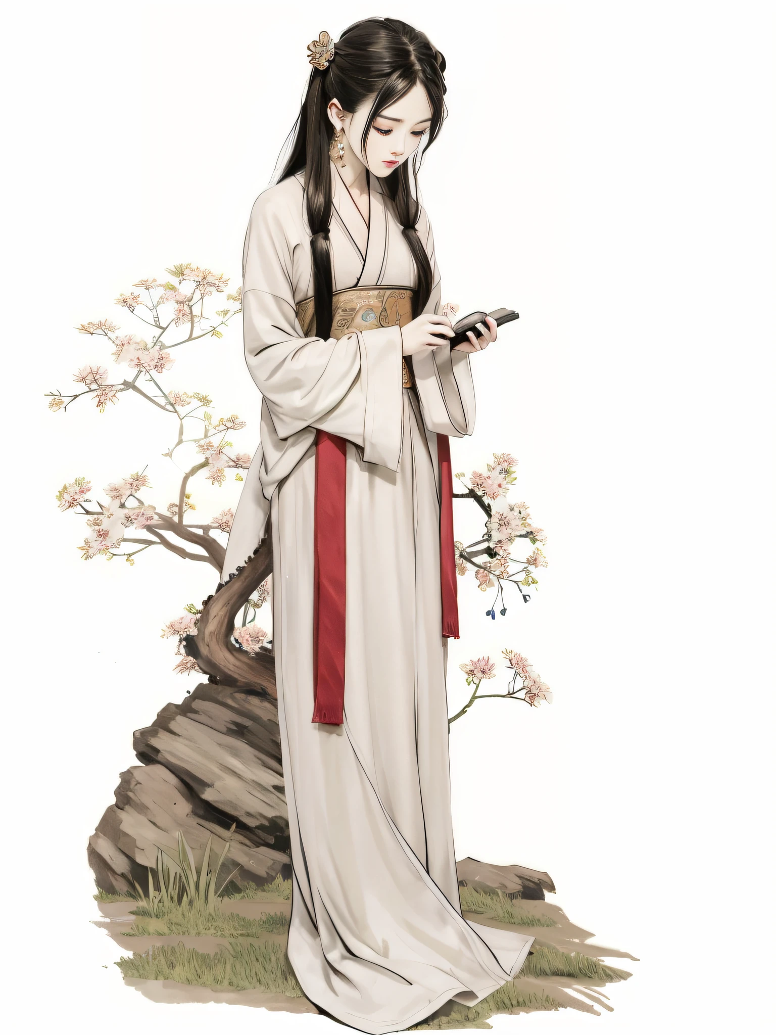 The woman in the white robe holds a book, flowing hair and a robe, by Yun Duxie, an ancient Chinese goddess, full body martial arts, inspired by Yun Duxie, the author is Qu Leilei, black lotus Yanfang, court, Hanfu girl, goddess check mobile phone, inspired by Ai Xuan --auto