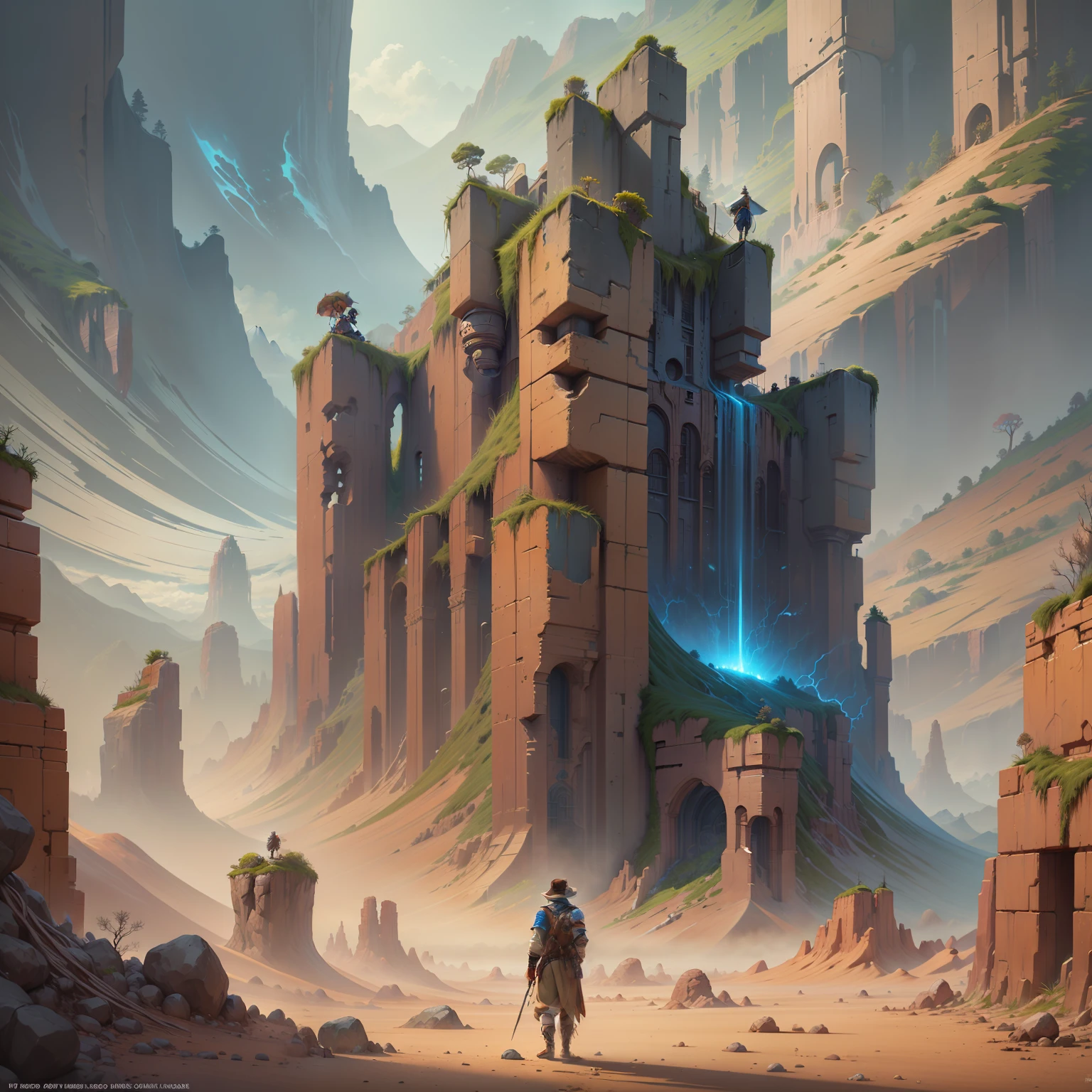 a man standing in a canyon with a bright mountain in the background, colorful digital fantasy art, colorful concept art, stunning 8k art, dreamlike digital painting, highly detailed 4k digital art, magical colors and atmosphere, 2d digital fantasy art, 2d detailed digital fantasy art, background art, epic fantasy digital art style,  inspired by Cyril Rolando, 16k
