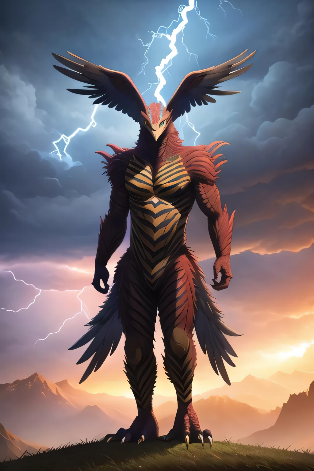 majestic glorious Thunderbird, bird monster, lightning, storm, full body, 2k, 4k, 8k, beautiful, best quality, cinematic lighting, detailed eyes, detailed pupil, dynamic light, detailed, extremely detailed, HDR, high detail, high quality, highest quality, highres, masterpiece, official art, realistic, realistic photo, realistic shadows, UHD