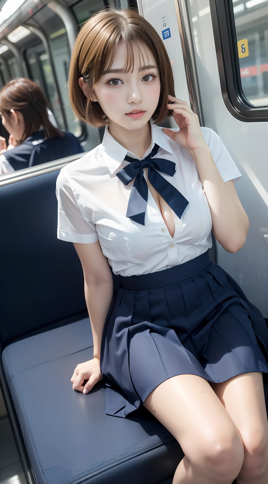 japanese girls、18yo girl、ple short hair、Blond Hair、bangs、BROWN EYES、Perfect figure、Sense of transparency、luster、gloss、modest chest、School Uniforms、Navy blue ribbon、Light blue shirt、Navy blue skirt、Guangyue、Burning body、hposing Gravure Idol、On the train、Beautiful feet、Strong sunlight、Nasty、Rain-drenched body、wet、actress、hposing Gravure Idol、Nogizaka Idol、korean idol