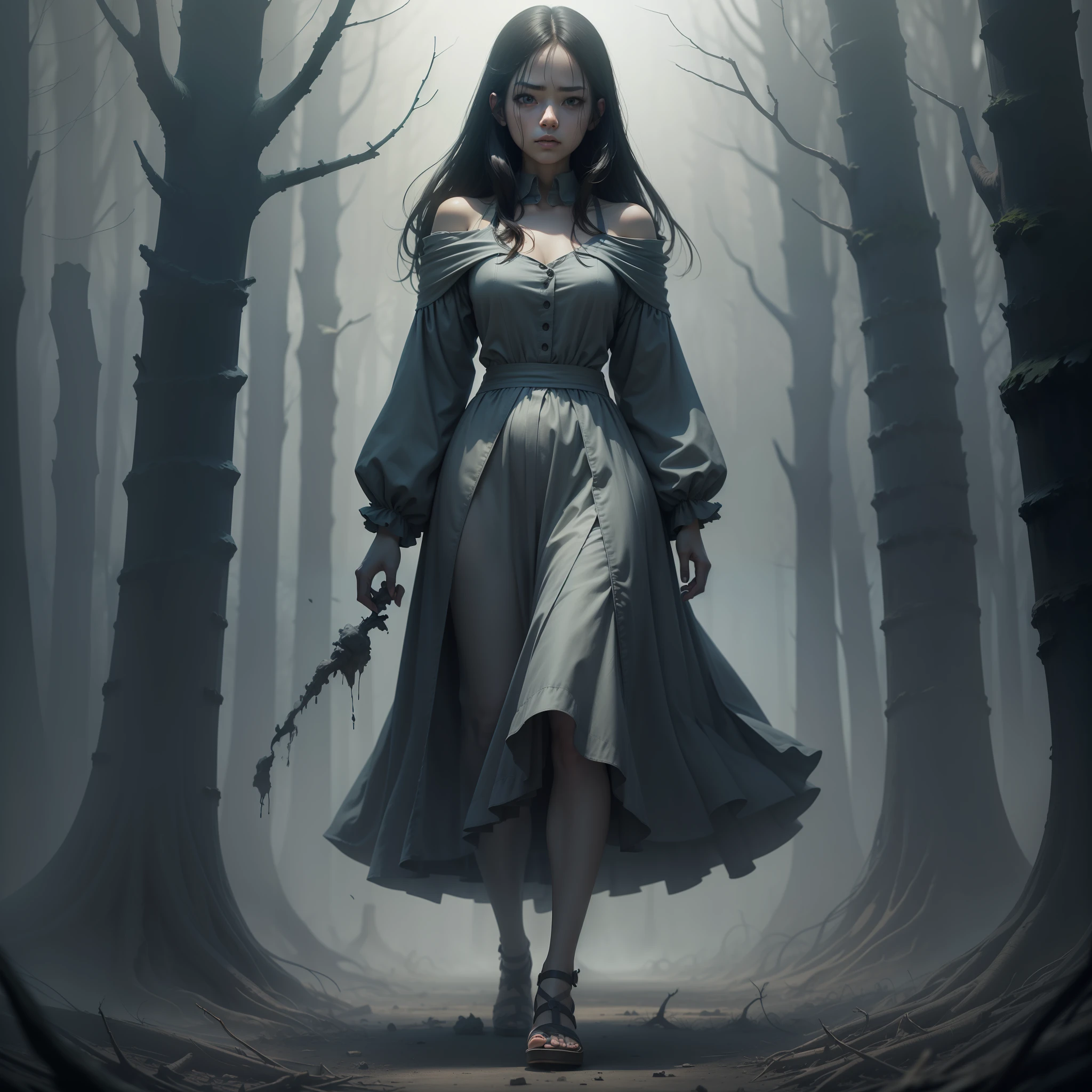 A beautiful girl, full body, horror, broken, twisted, sky, fog, smoke, dust, dark forest, shadow creature, Junji Ito, masterpiece, super high resolution, high quality, movie lighting,