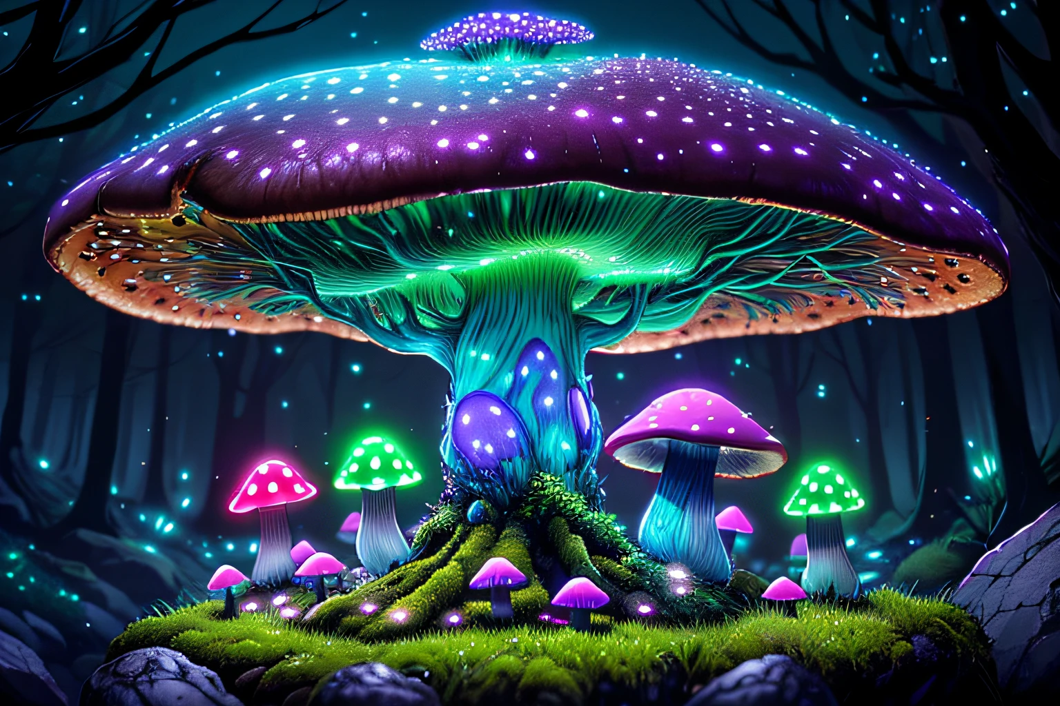 (highly detailed:1.2),(best quality:1.2),8k,sharp focus, (subsurface scattering:1.1)
(glowing magic bioluminescent mushrooms:1.2),psychadelic magic particles inthe air, (neon bioluminescent mushroom forest at night:1.2), (magical fireflies:1.2)
(very detailed trees and rocks and moss:1.2), (highly detailed background:1.3), RPG, Elden Ring style, (fantasy:1.3),(hyperrealistic:1.1), (((night))), cinematic lighting, highly detailed, artstation,smooth, sharp focus, artgerm, greg rutkowski, editor's pickup, trending on artstation, trending on deviantart, wlop, (contrast:0.4),