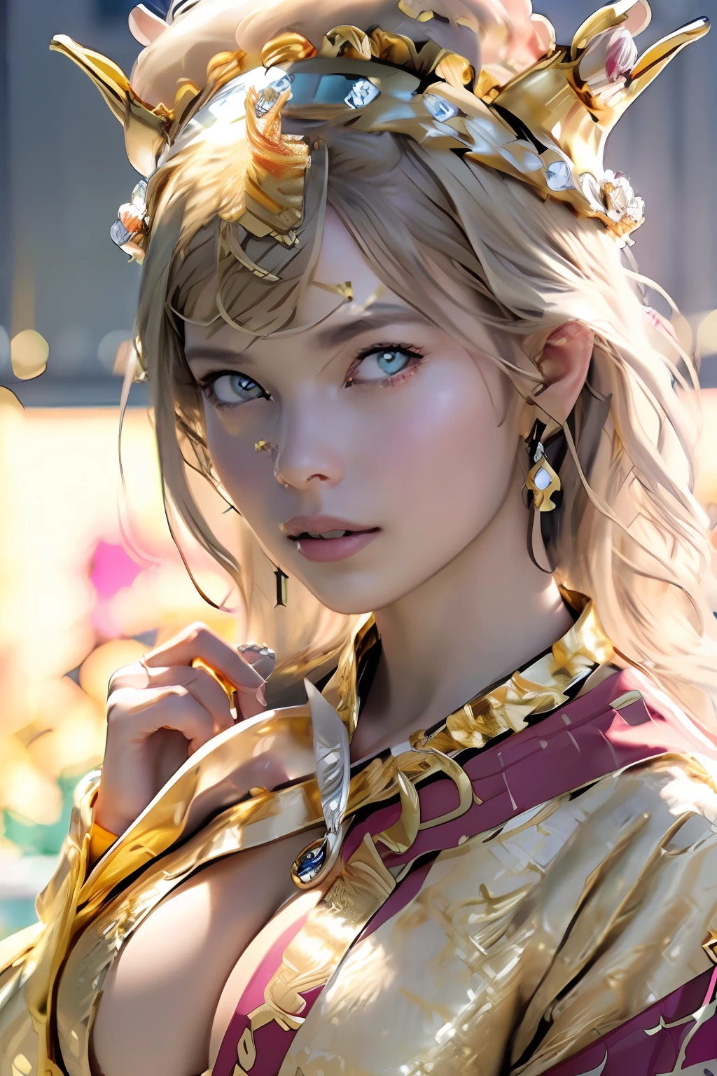 Ultra-detailed complex 3D rendering of the face, (masterpiece, top quality, octane rendering,), glamour shots, full body image, very beautiful young elves, cleavage, (highly detailed skin: 1.2), (exposure: 1.1), ((gold micro bikini studded with jewels: 1.95))))). 40k, (((very soft breasts)), (((noticeable large pink areola)), beautiful Caucasian woman with full soft breasts and dark skin with big buttocks, one, long braided hair, big breasts, dynamic angle, (((huge breasts: 2.4)), ultra-realistic photos, ((((blonde))), futuristic urban background, facial muscles, (((((detailed and glamorous gold crown)))), In the style of Marvel Comics, ArtStation Trends, Clear Focus, Intricate Detail, Highly Detailed, Detailed Red Eyes, Very Detailed, Sharp Focus, Digital Rendering, Professional, Abs, Lip Gloss, Glossy Skin,