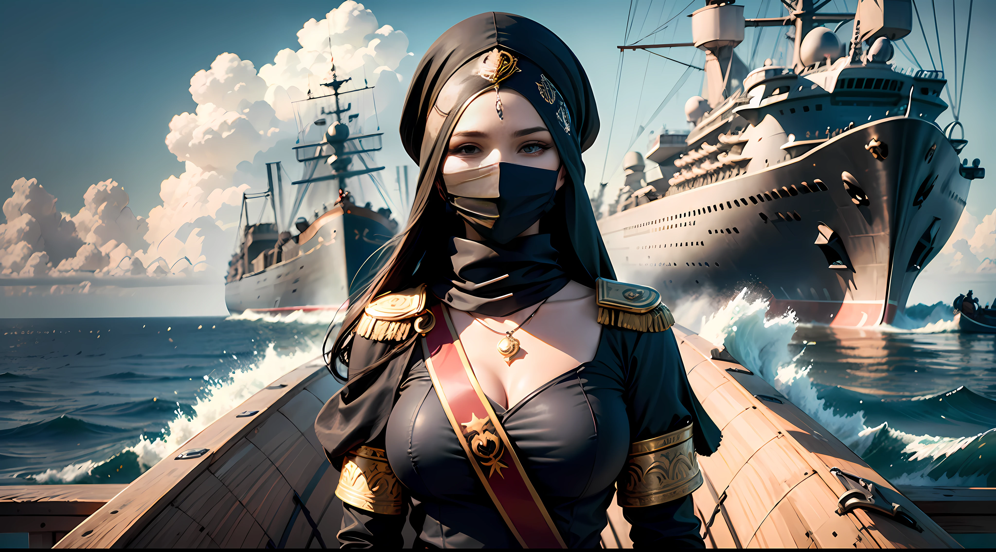 Panorama, portrait, realism, blue sky and sea, 1girl,, Ottoman style luxury naval military dress, gold decoration, Arabesque tight turban, European silk scarf, cotton mask mask, face with gold-encrusted black leather mask, standing on the deck of the warship, facing the audience, in the background is another huge armored cruiser in the sea, two 380MM front main guns, a large number of guns on the hull, flying scissor bow, the hull and Ottoman style decorative patterns, majestic, traveling in the ocean, chopping waves, perfect composition, professional, Meistwick, commissioned, best quality, color correction, post restoration, retouching, improvement, idyllic, tone mapping, detail, highly detailed, digital painting, art station, concept art by chamba, smoothness, sharp focus, beautiful illustration, photograph, backlight, dynamic lighting, fog, complex, film grain, professional, facing the audience, all masked people, (beautiful m3d_woman, perfect m3d_face,), volumetric lighting, underground scattering, good highlights, Good shadows, movies