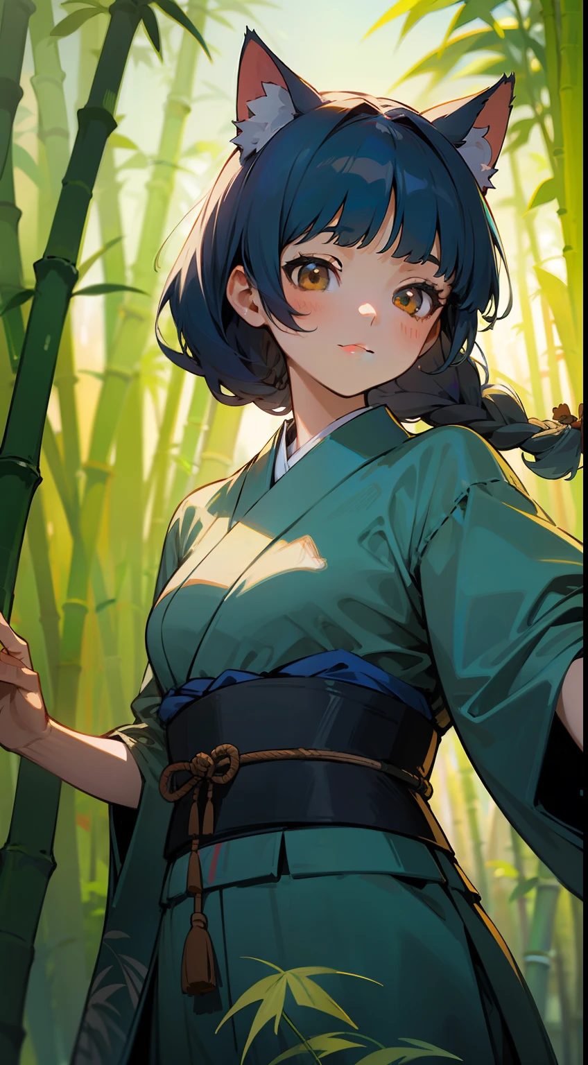 ((Masterpiece)), ((Best Quality)), Illustration, One Girl, Hair Color, Bangs, Hairstyle Fax, Eyes, Environmental Change Scene, Portrait from the waist up, Pose Tai, Ladies, Cat Ears, Dark light blue hair, Brown eyes, Japanese clothes, Bamboo Forest, Bright Expression, Single Braid, Blunt Bangs, Date, Floral Clothing