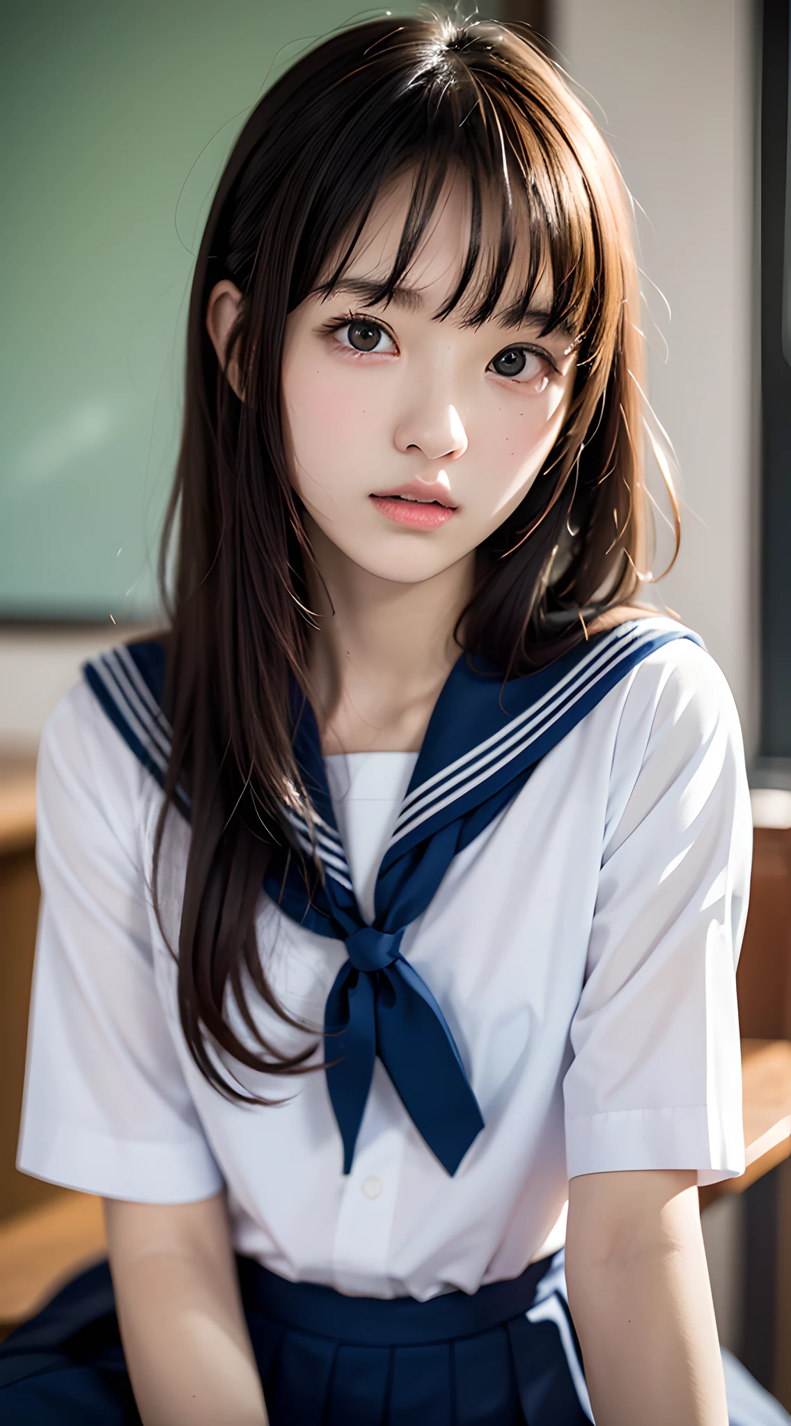 masterpiece, best quality, 8k, official art, raw photo, incredibly absurdres, beautiful girl, pretty face, (sitting, upper body, sailor uniform, serafuku,:1.2), school uniform, shirt, looking at viewer, close up, teen, classroom, bow tie, navy pleated skirt, ultra realistic, highres, photography, film grain, chromatic aberration, sharp focus, facelight, dynamic lighting, cinematic lighting, highest detailed, extreme detailed, ultra detailed, finely detail,  extremely detailed eyes and face