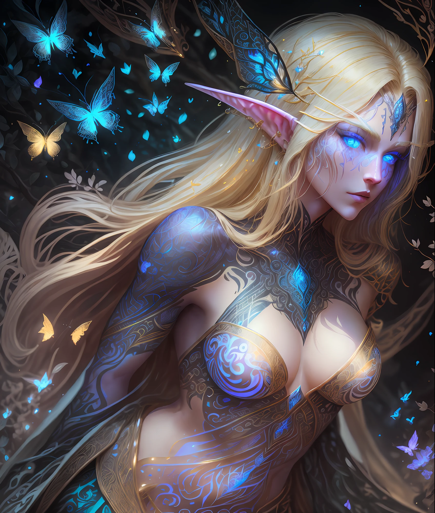 beautiful elf, fantasy style, blue eyes,hero pose, beautiful tattoo on your body,((intricate details)), hdr, Dramatic type,magic, long blonde hair, armor covering parts of your body in white and gold details, black forest background, magic, fairies, and neon yellow butterflies