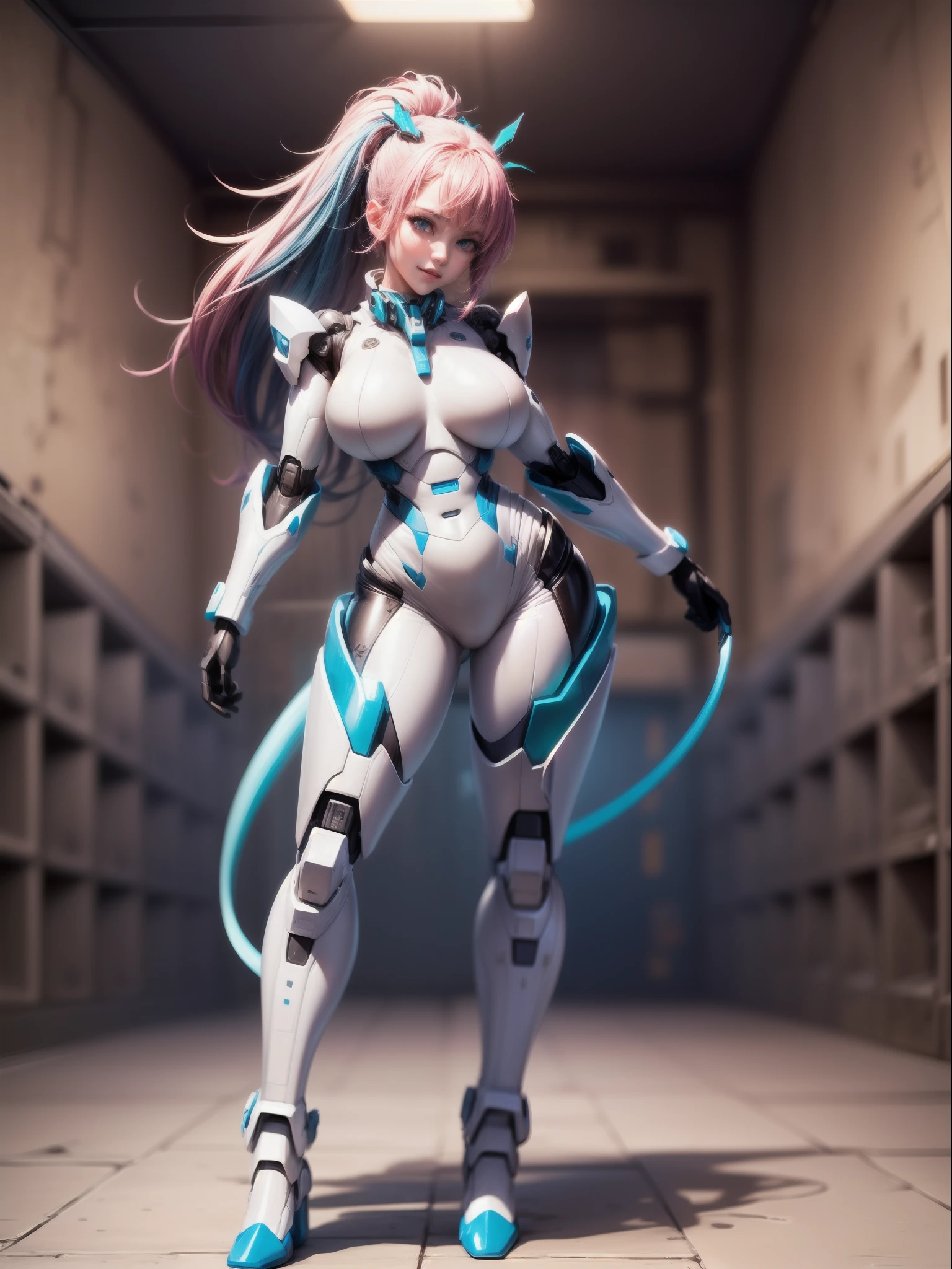 ((Full body/standing):2) {((Only 1woman):1.2)}: ((Wearing white mecha suit with blue parts, extremely tight on the body):1.5), has ((extremely large breasts): 1.2), only she has ((pink mohawk hair, blue eyes):1.2), is ((leaning against the wall, doing erotic pose for the viewer, smiling)). \n Background:((in a futuristic dungeon full of giant robots):1.5). anime, anime style, 16k, high resolution, ((best quality, high detail: 1.3)), UHD, ((masterpiece))