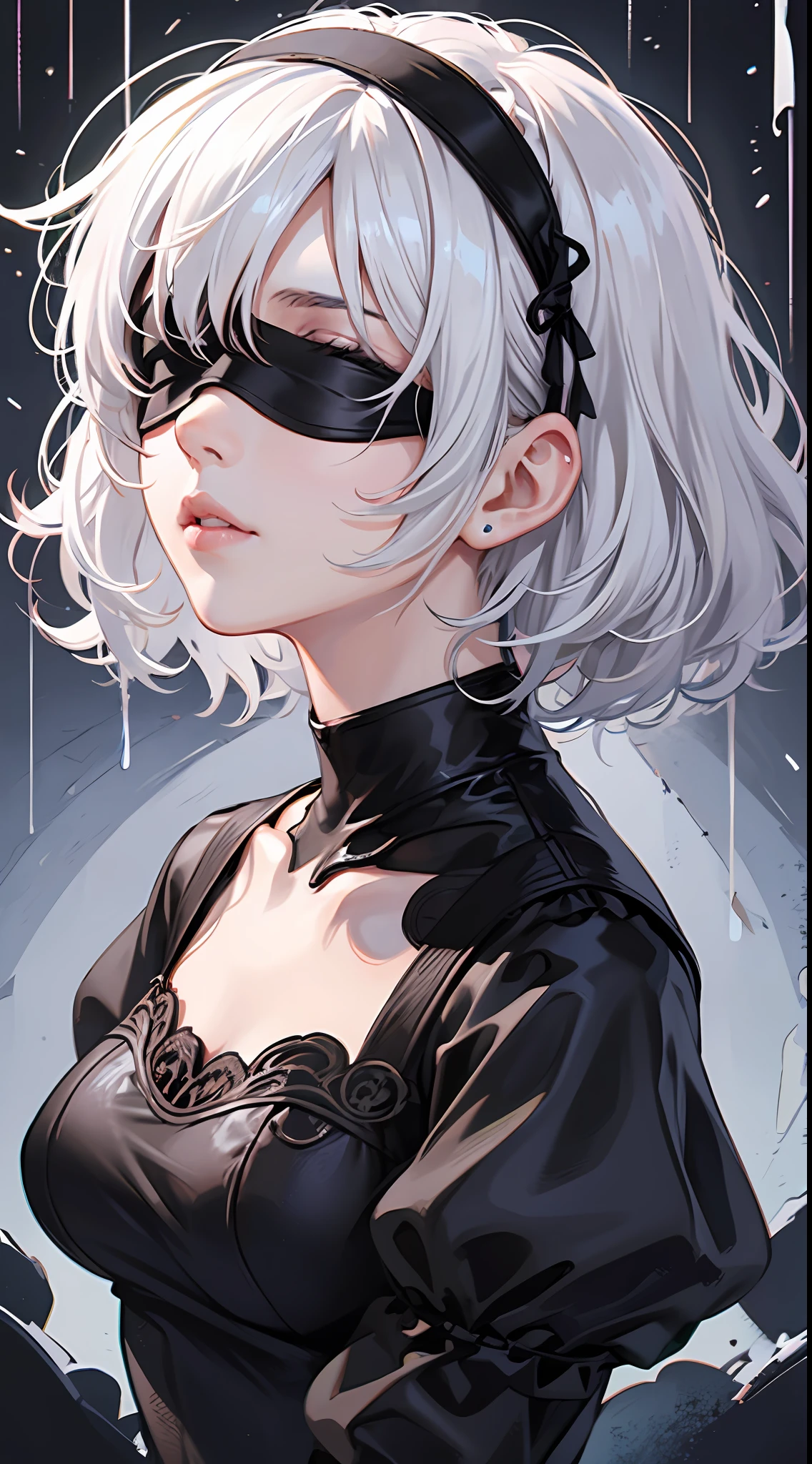 1girl,solo,blindfold,rain,white hair,black blindfold,hairband,short hair,upper body,dress,black dress,covered eyes,artist name,lips,nose,(facing viewer),closed mouth,black hairband,yorha no. 2 type b,