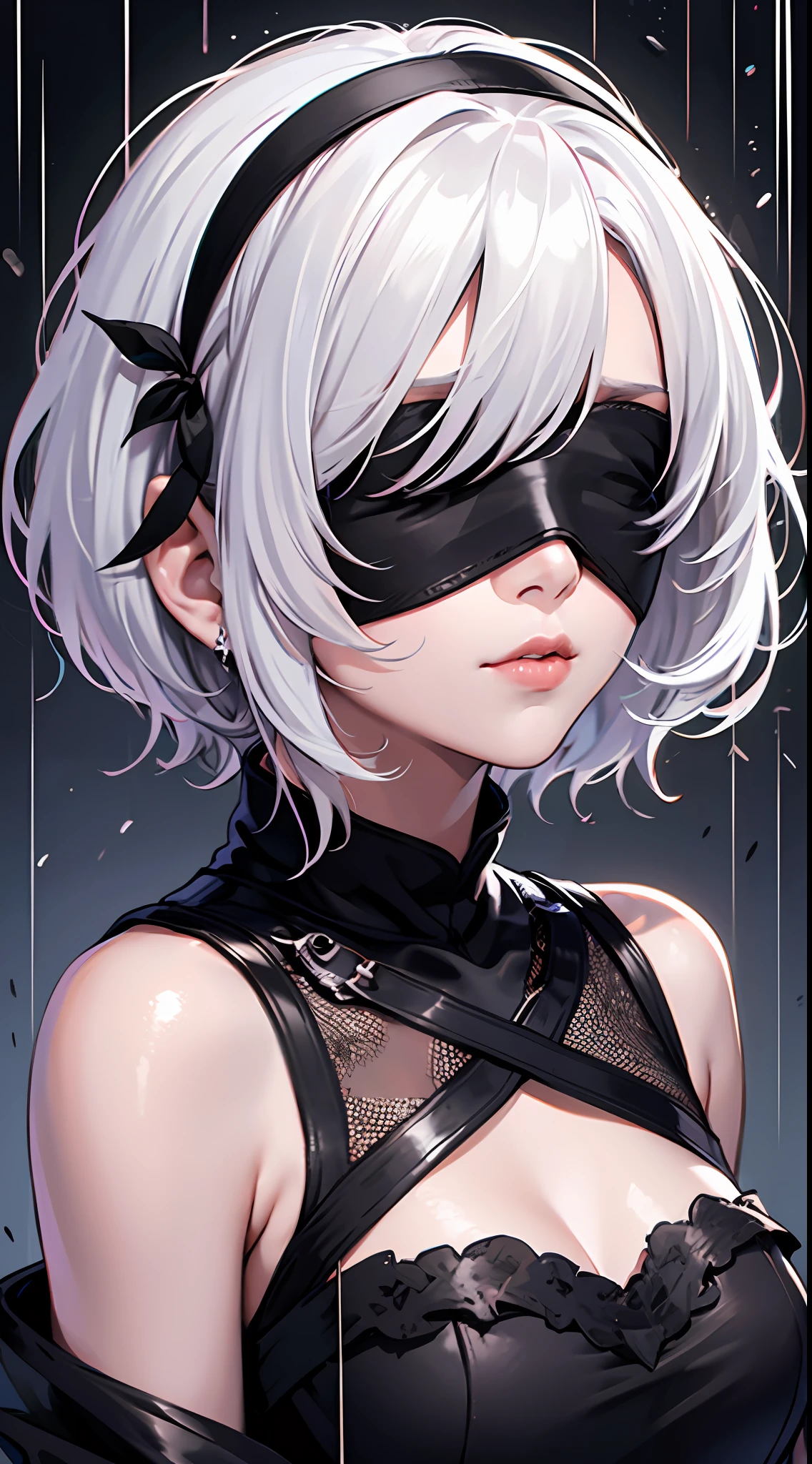 1girl,solo,blindfold,rain,white hair,black blindfold,hairband,short hair,upper body,dress,black dress,covered eyes,artist name,lips,nose,(facing viewer),closed mouth,black hairband,yorha no. 2 type b,