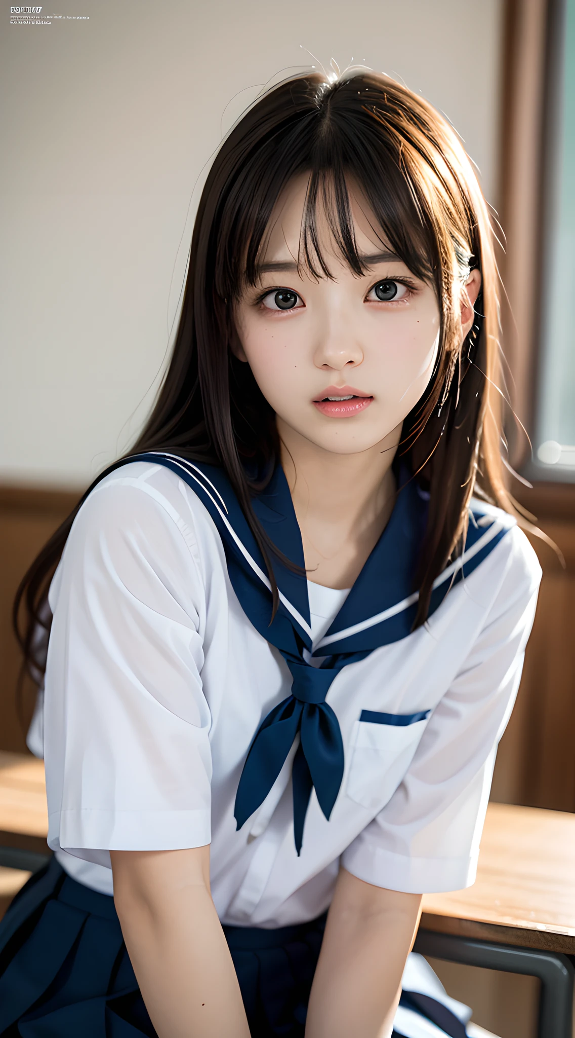 masterpiece, best quality, 8k, official art, raw photo, incredibly absurdres, beautiful girl, pretty face, (sitting, upper body, sailor uniform, serafuku,:1.2), school uniform, shirt, looking at viewer, close up, teen, classroom, bow tie, navy pleated skirt, ultra realistic, highres, photography, film grain, chromatic aberration, sharp focus, facelight, dynamic lighting, cinematic lighting, highest detailed, extreme detailed, ultra detailed, finely detail,  extremely detailed eyes and face